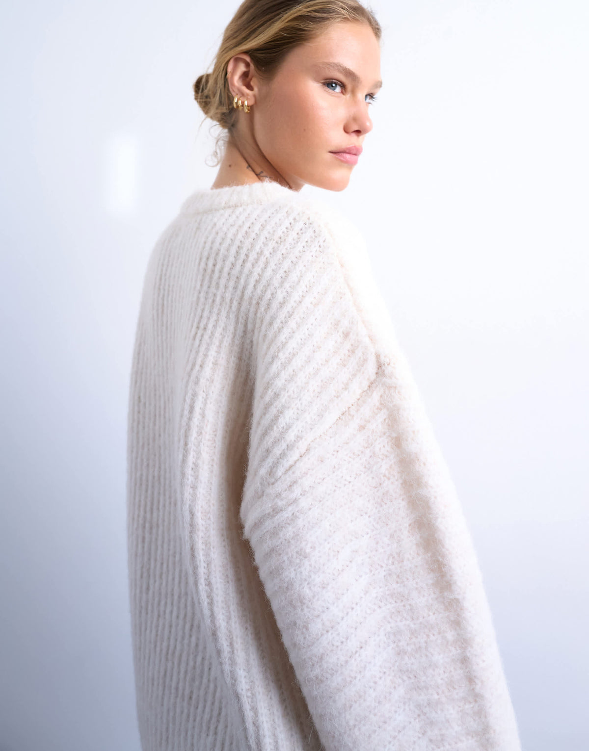 Topshop knitted ribbed balloon sleeve jumper in ivory