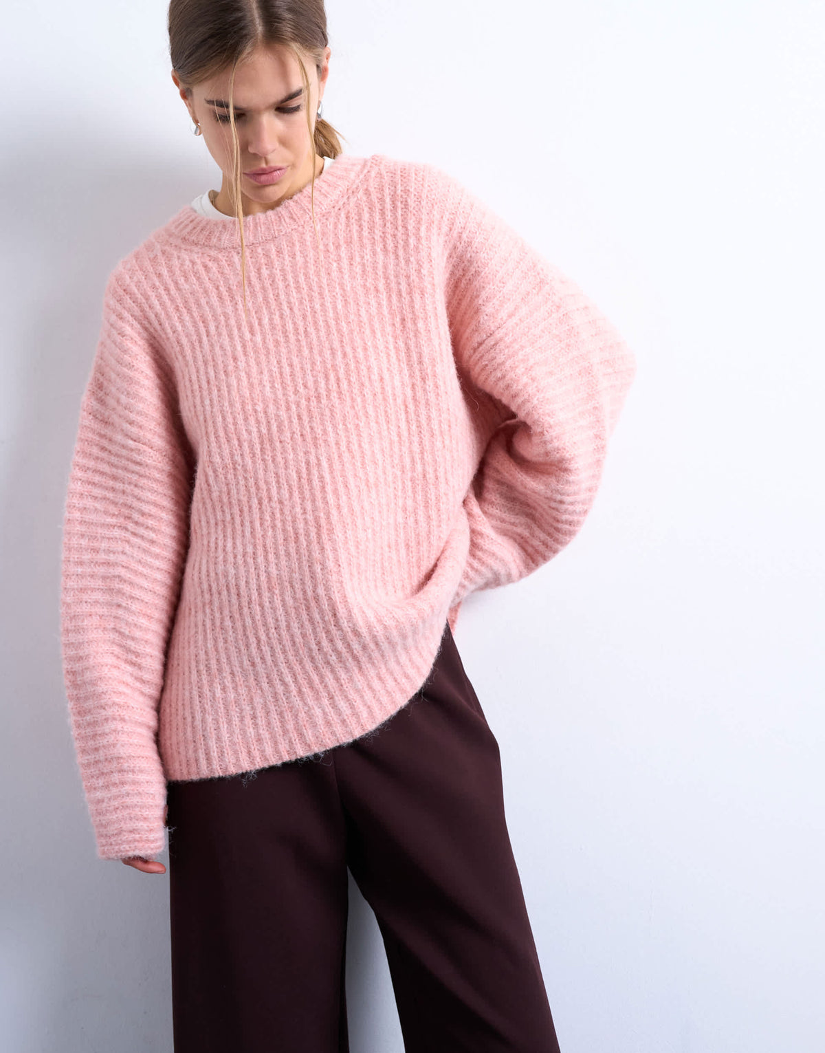 Topshop knitted ribbed balloon sleeve jumper in pink