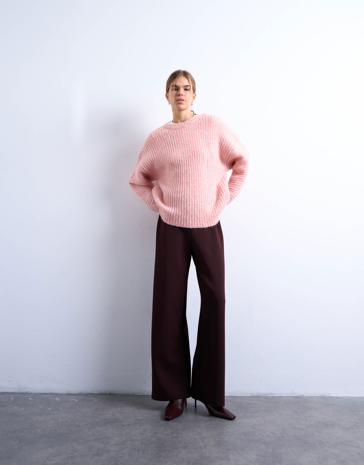 Topshop knitted ribbed balloon sleeve jumper in pink