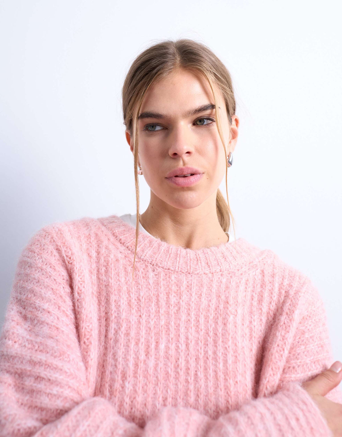 Topshop knitted ribbed balloon sleeve jumper in pink