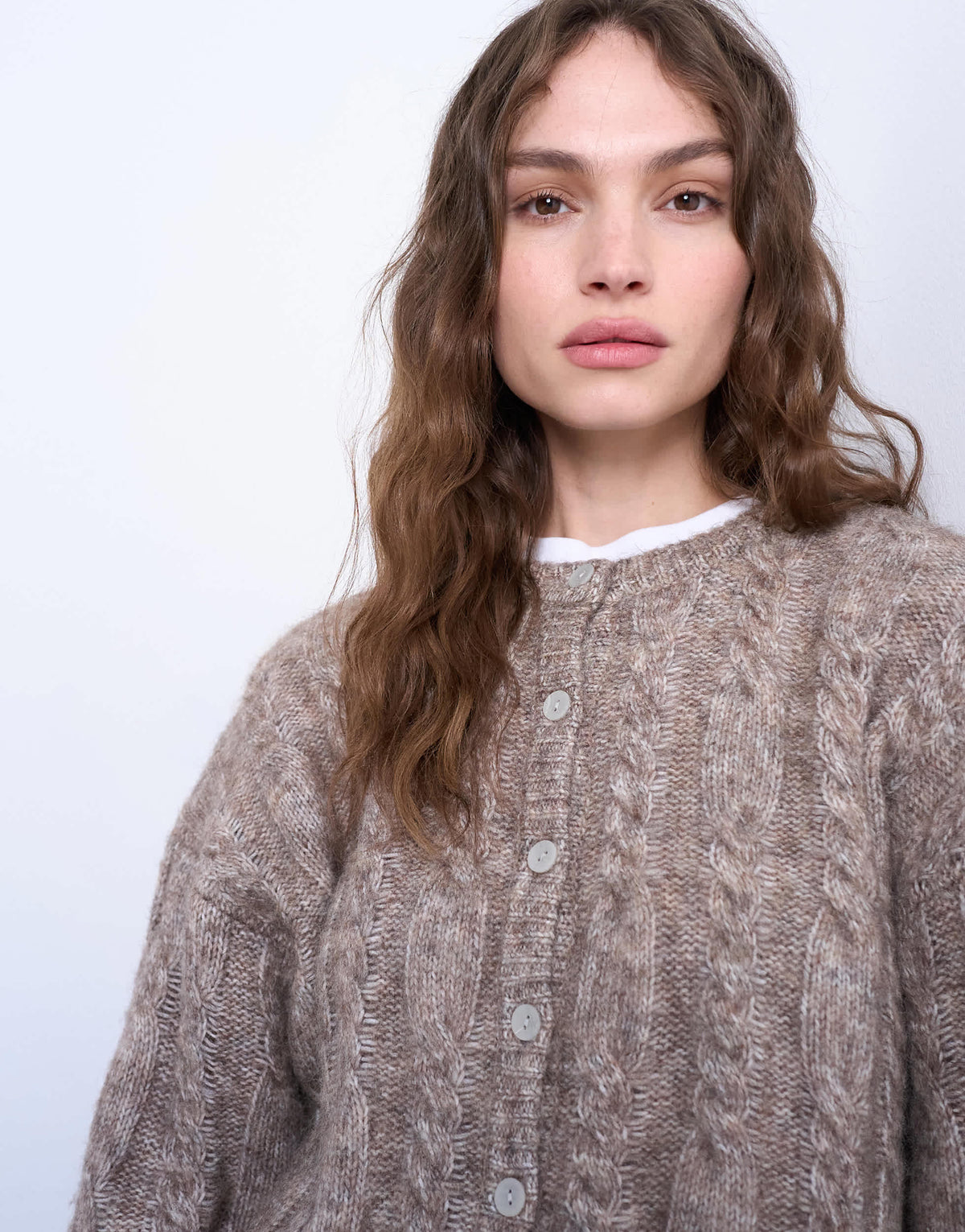 Topshop knitted fluffy cable cardigan in oat