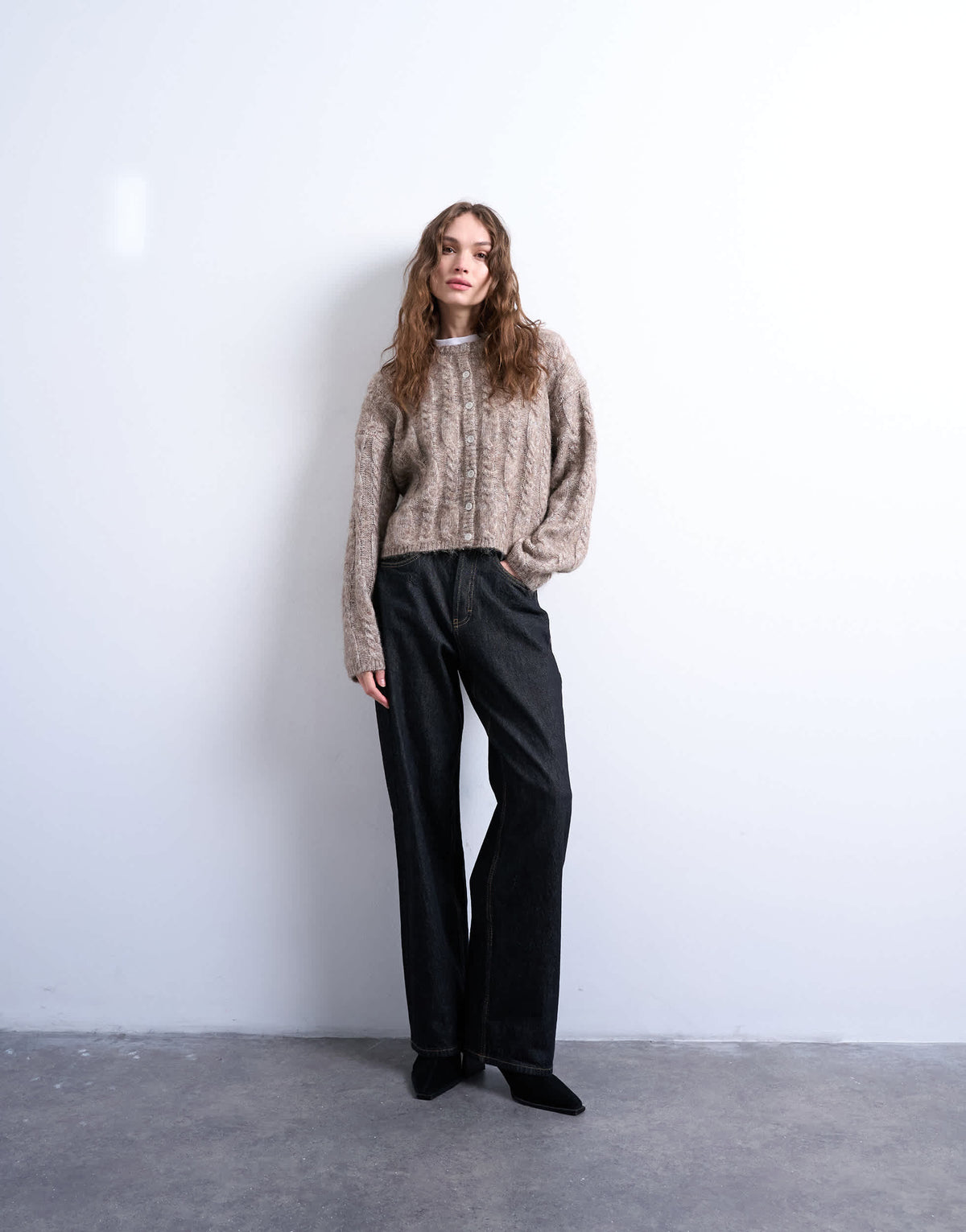 Topshop knitted fluffy cable cardigan in oat