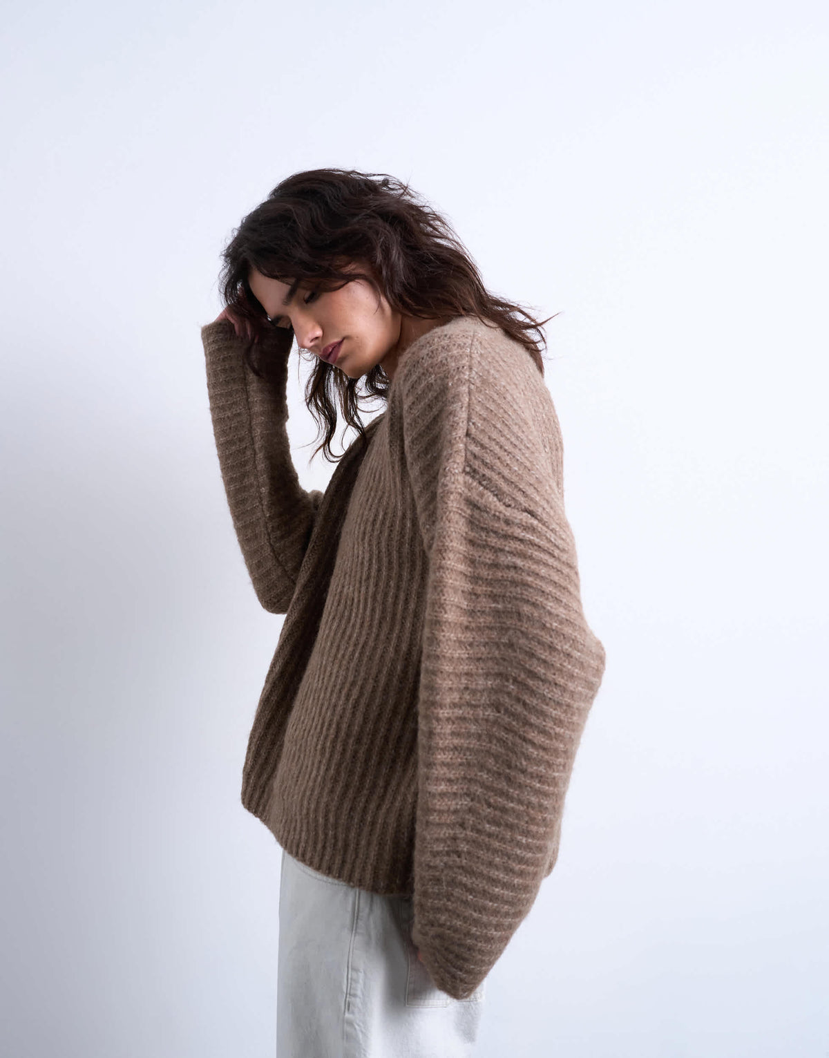 Topshop knitted ribbed balloon sleeve jumper in brown