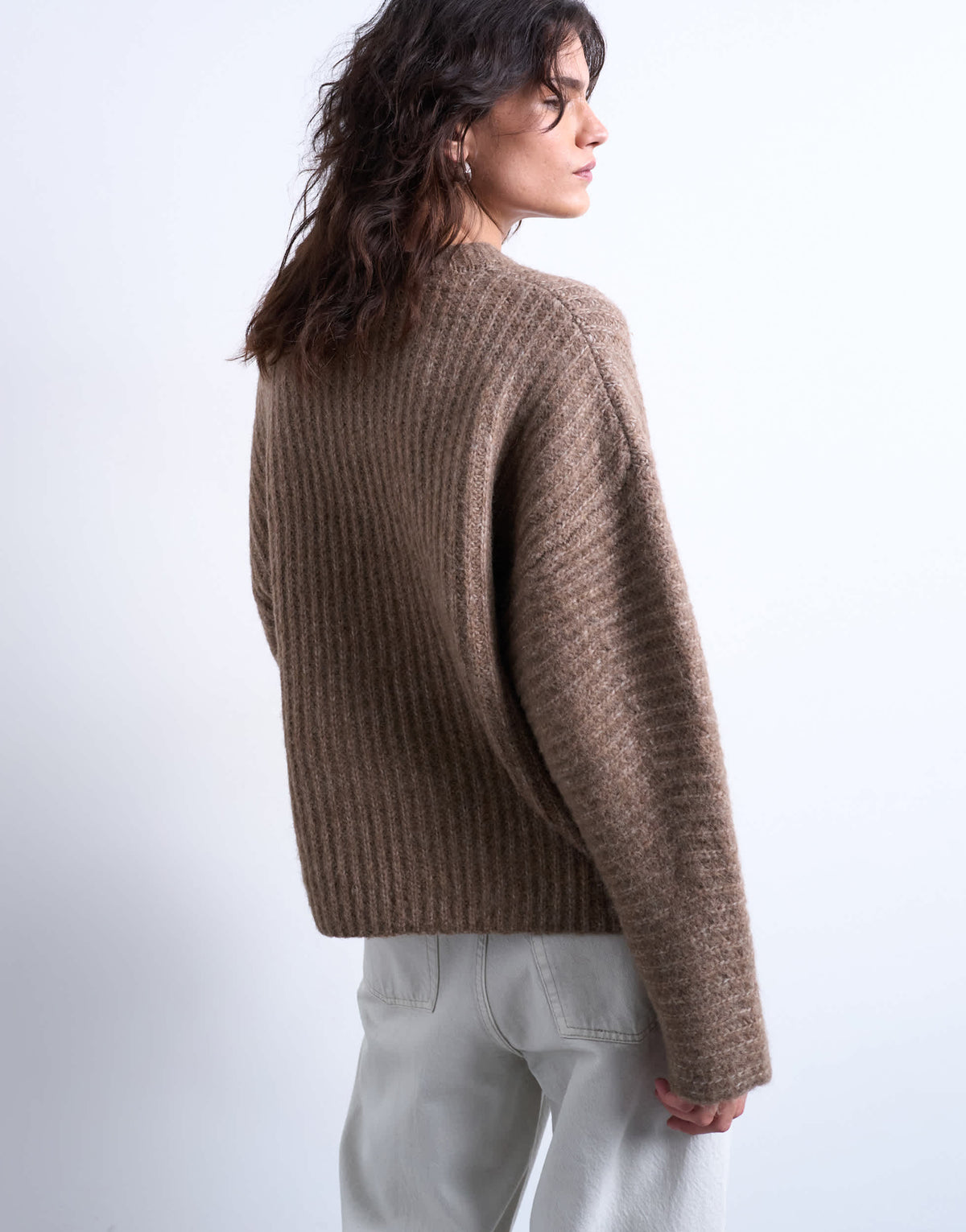 Topshop knitted ribbed balloon sleeve jumper in brown