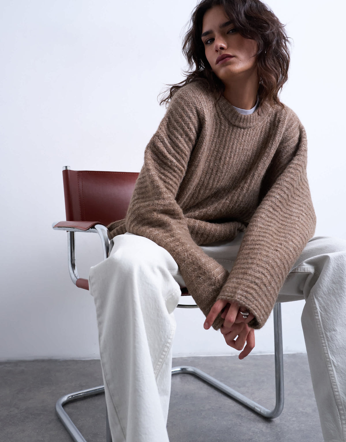 Topshop knitted ribbed balloon sleeve jumper in brown