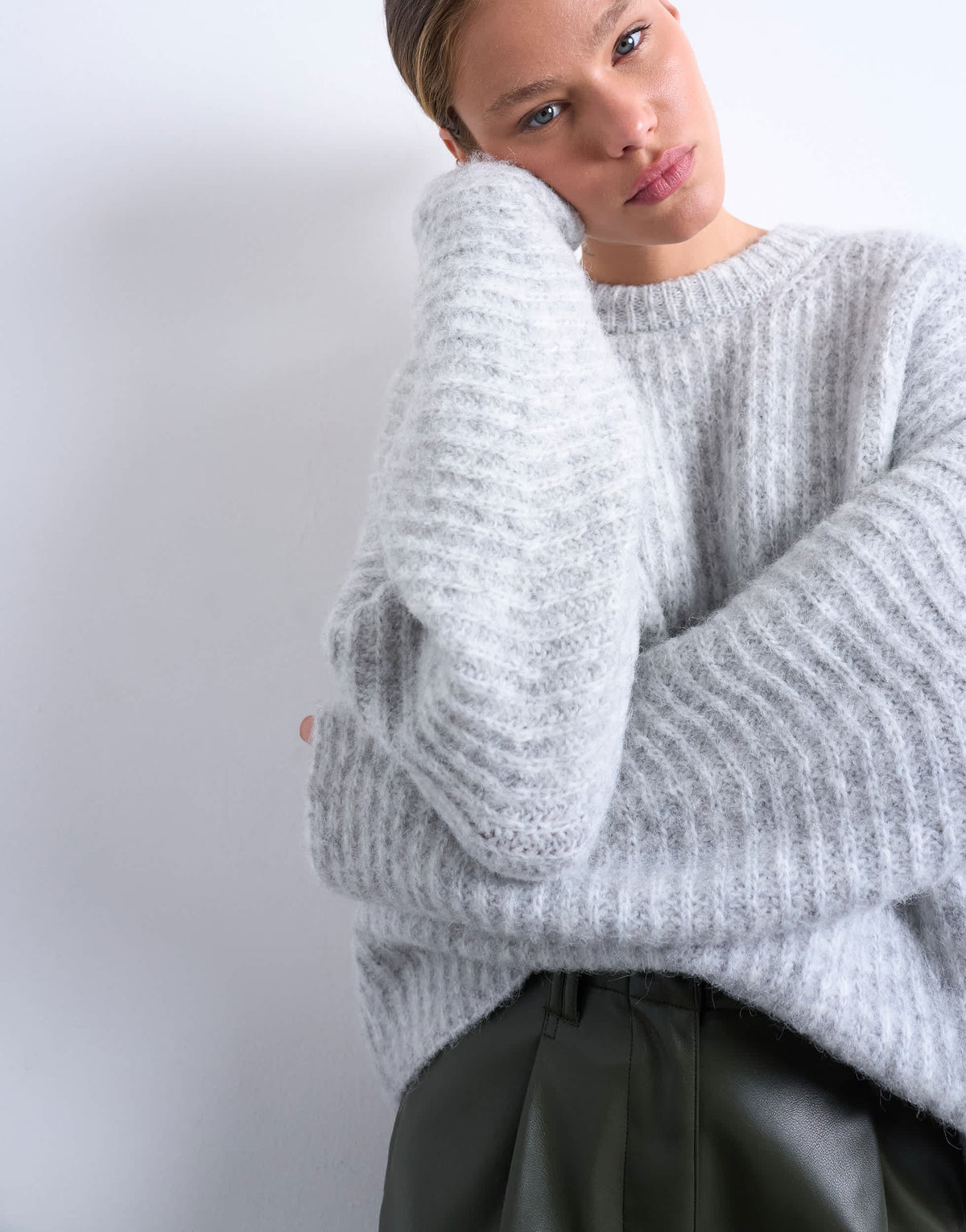 Topshop knitted oversized ribbed balloon sleeve jumper in grey
