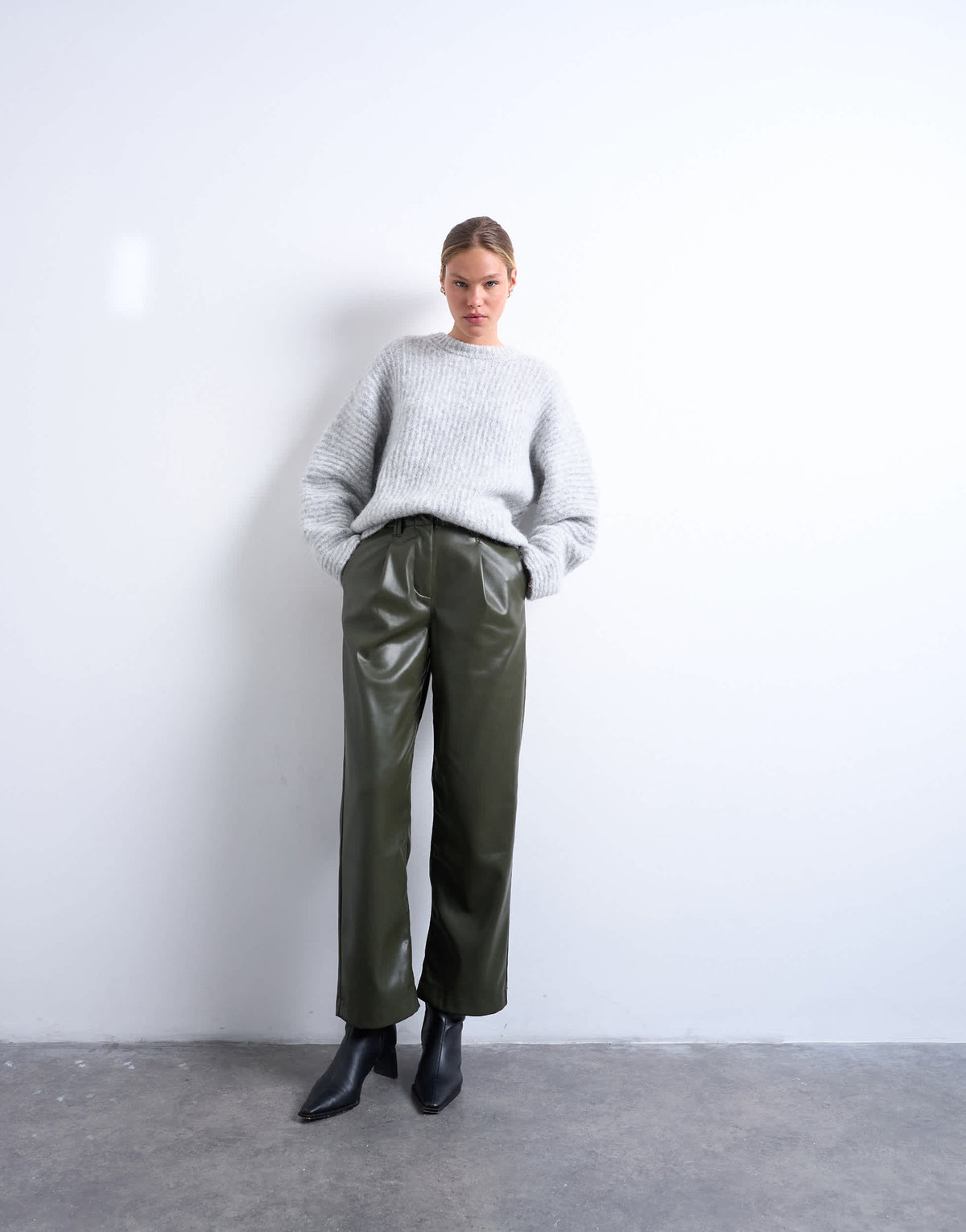 Topshop knitted oversized ribbed balloon sleeve jumper in grey