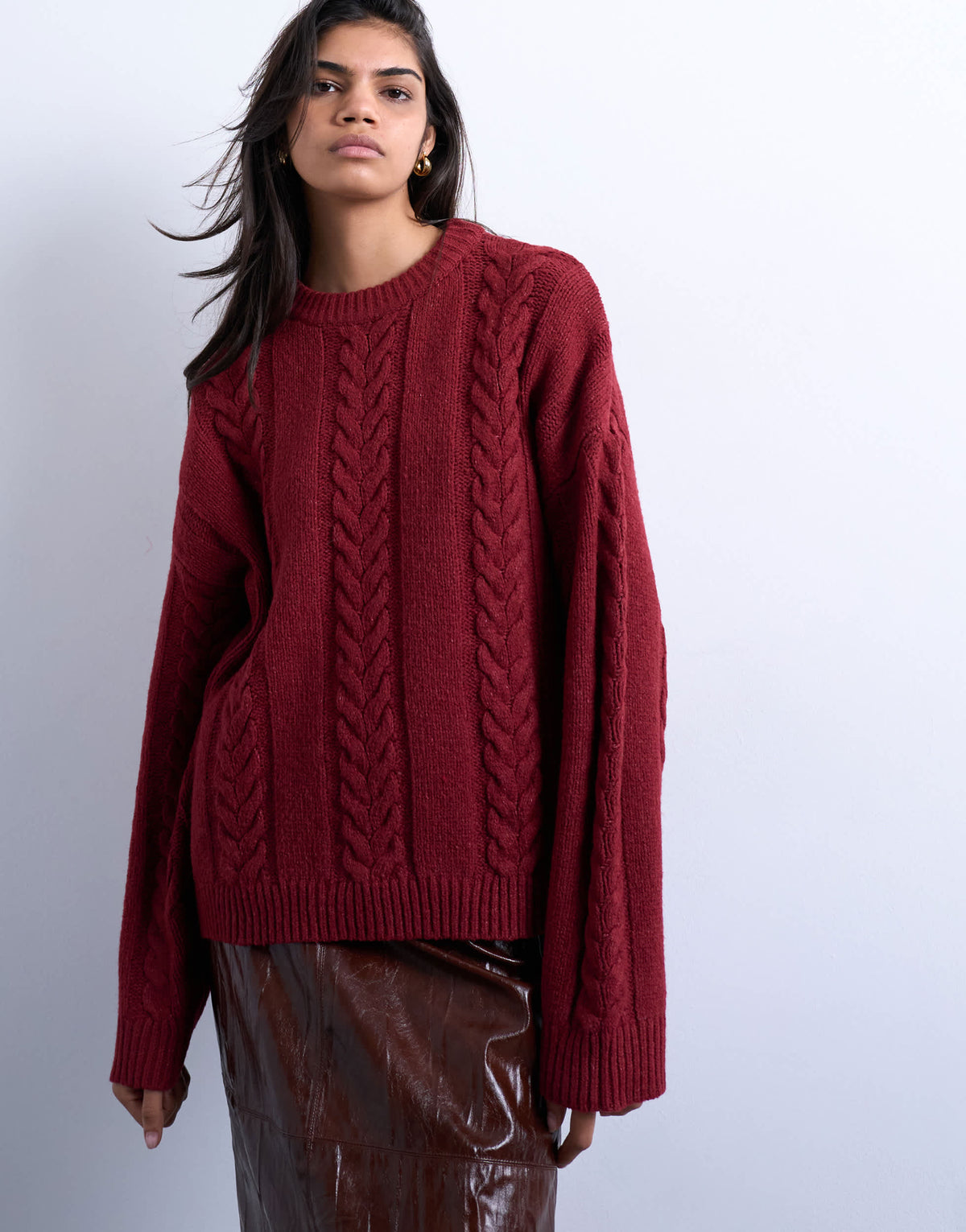 Topshop knitted oversized cable and wide rib jumper in deep red 