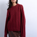 Topshop knitted oversized cable and wide rib jumper in deep red 