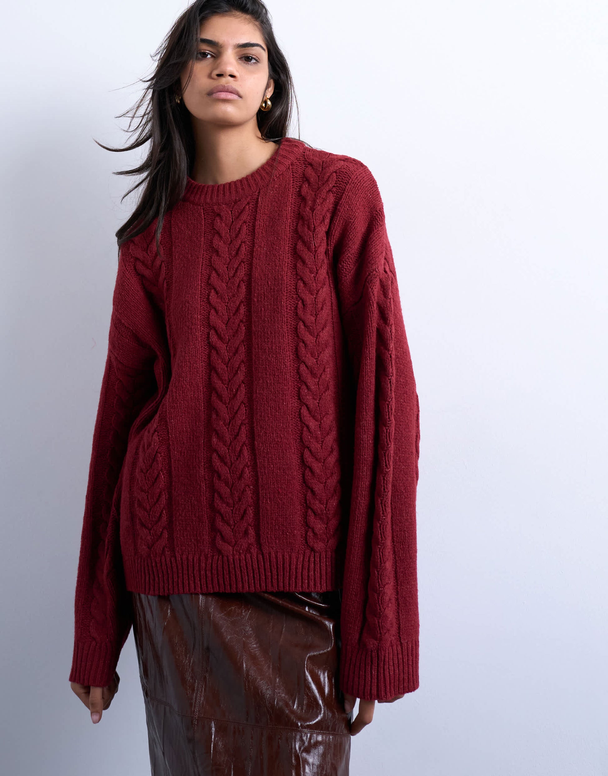 Topshop knitted oversized cable and wide rib jumper in deep red 