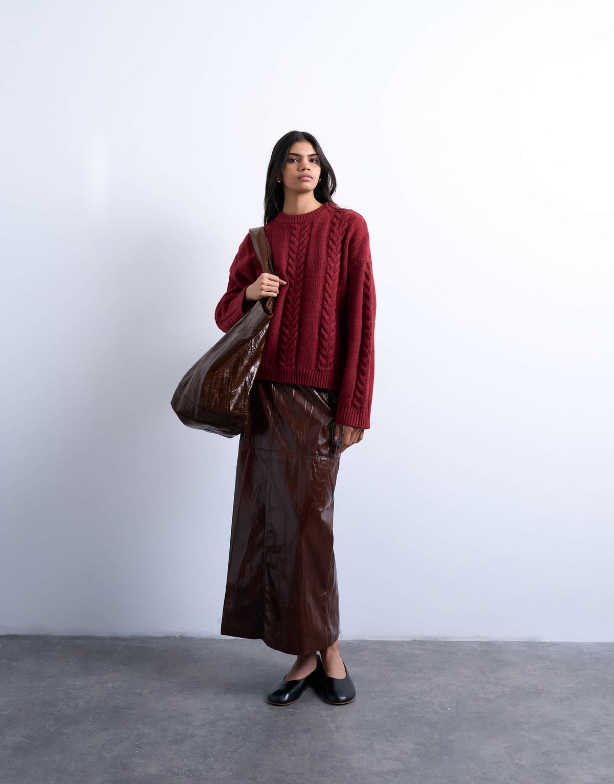 Topshop knitted oversized cable and wide rib jumper in deep red 