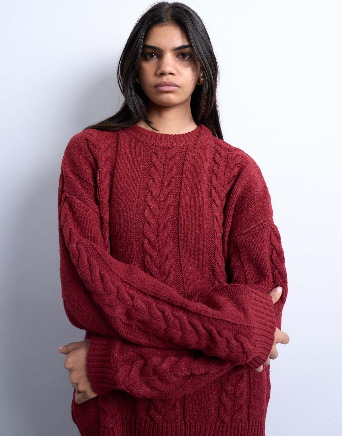 Topshop knitted oversized cable and wide rib jumper in deep red 