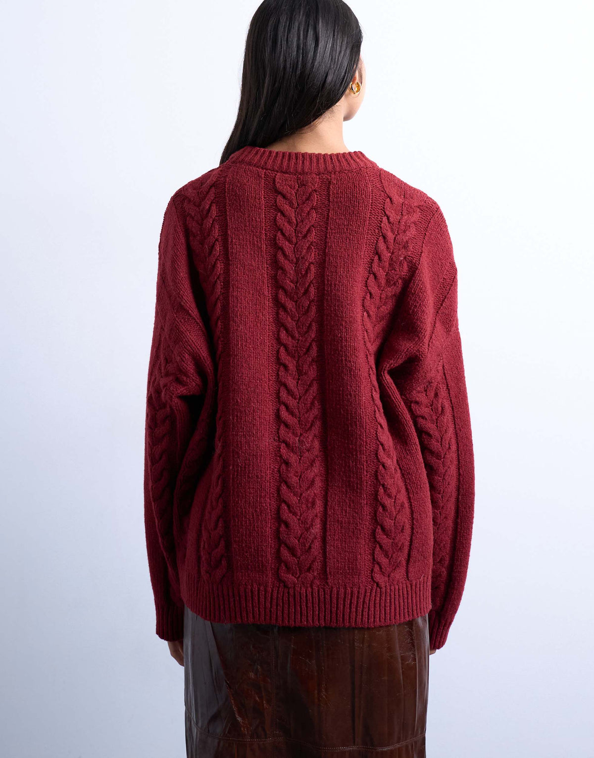 Topshop knitted oversized cable and wide rib jumper in deep red 