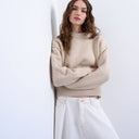 Topshop knitted boxy wide sleeve mid crew jumper in oat