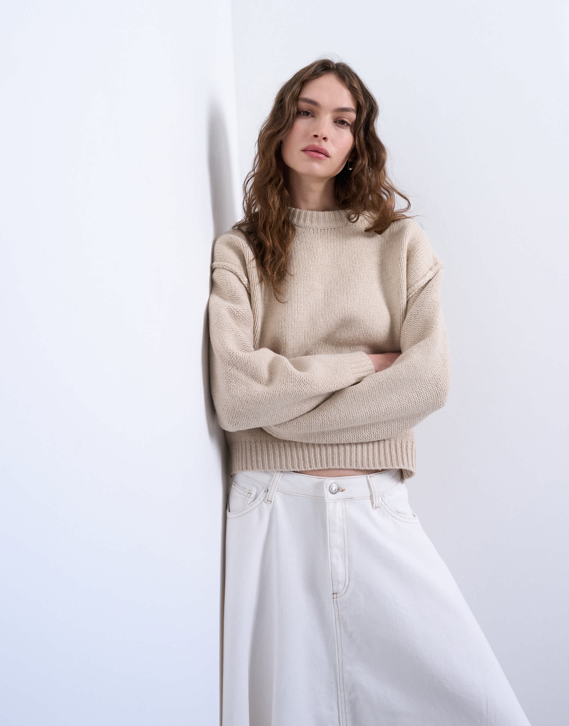 Topshop knitted boxy wide sleeve mid crew jumper in oat