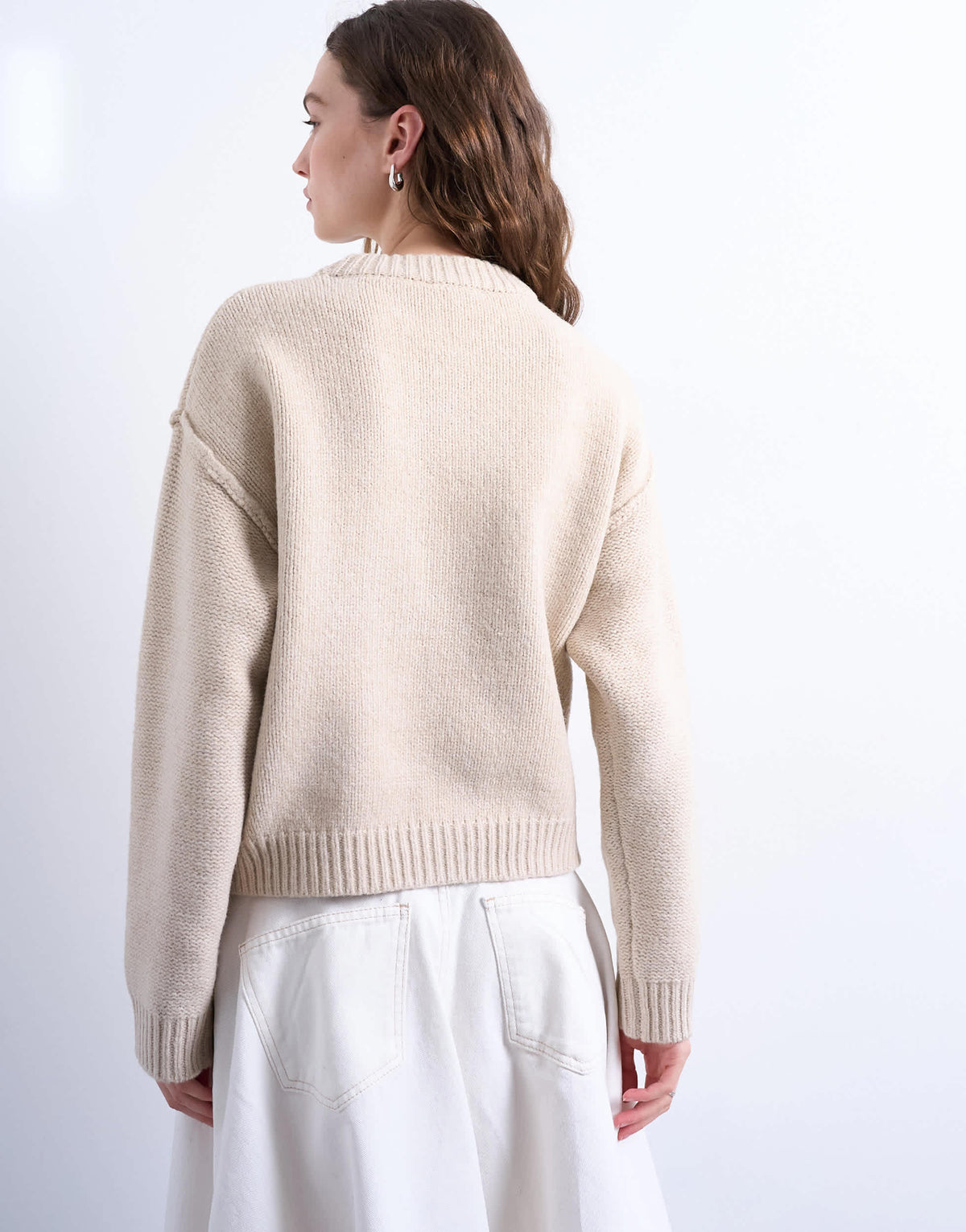 Topshop knitted boxy wide sleeve mid crew jumper in oat