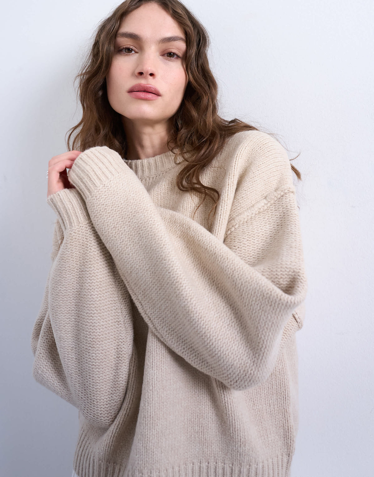 Topshop knitted boxy wide sleeve mid crew jumper in oat