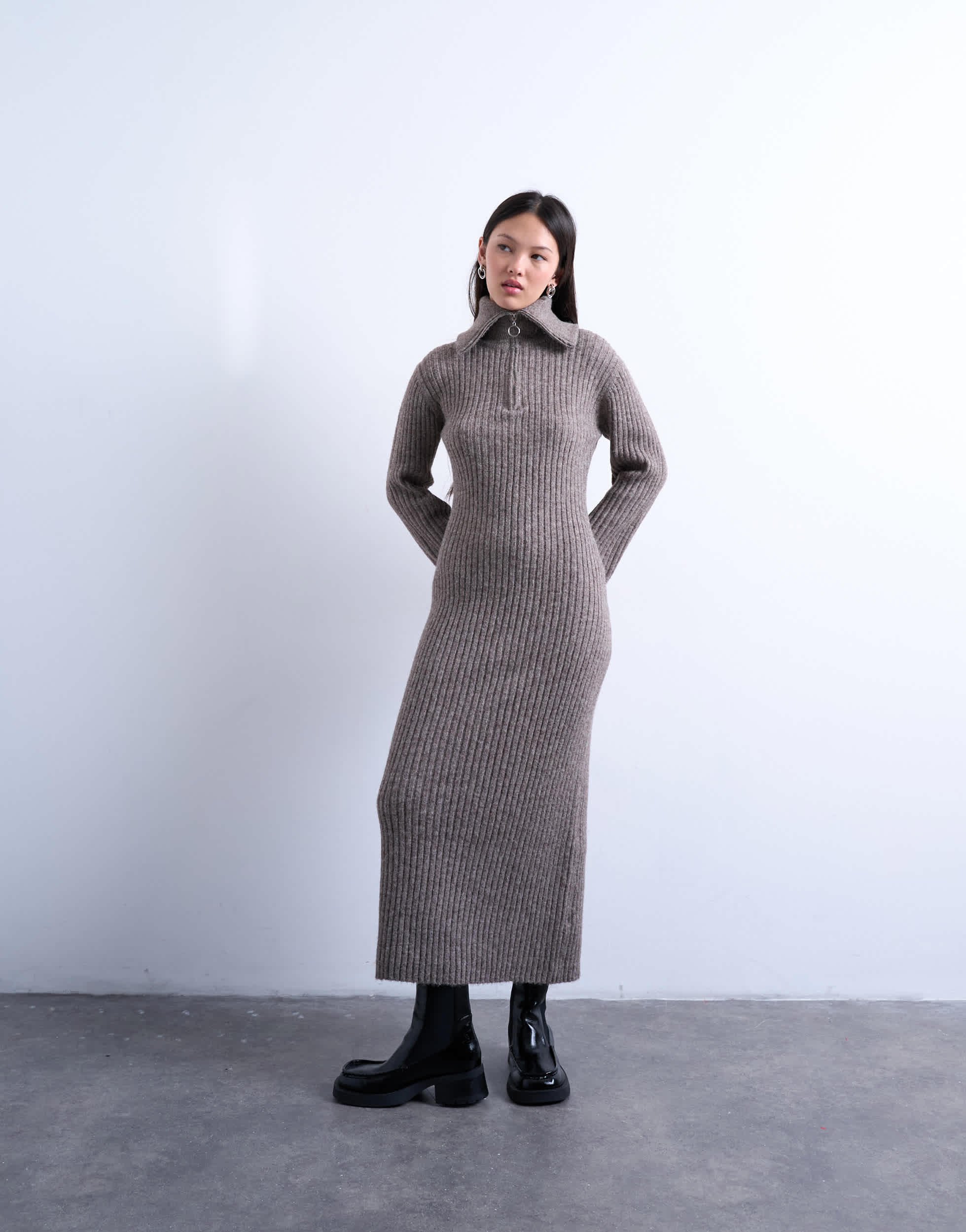 Topshop knitted ring zip midi dress in brown