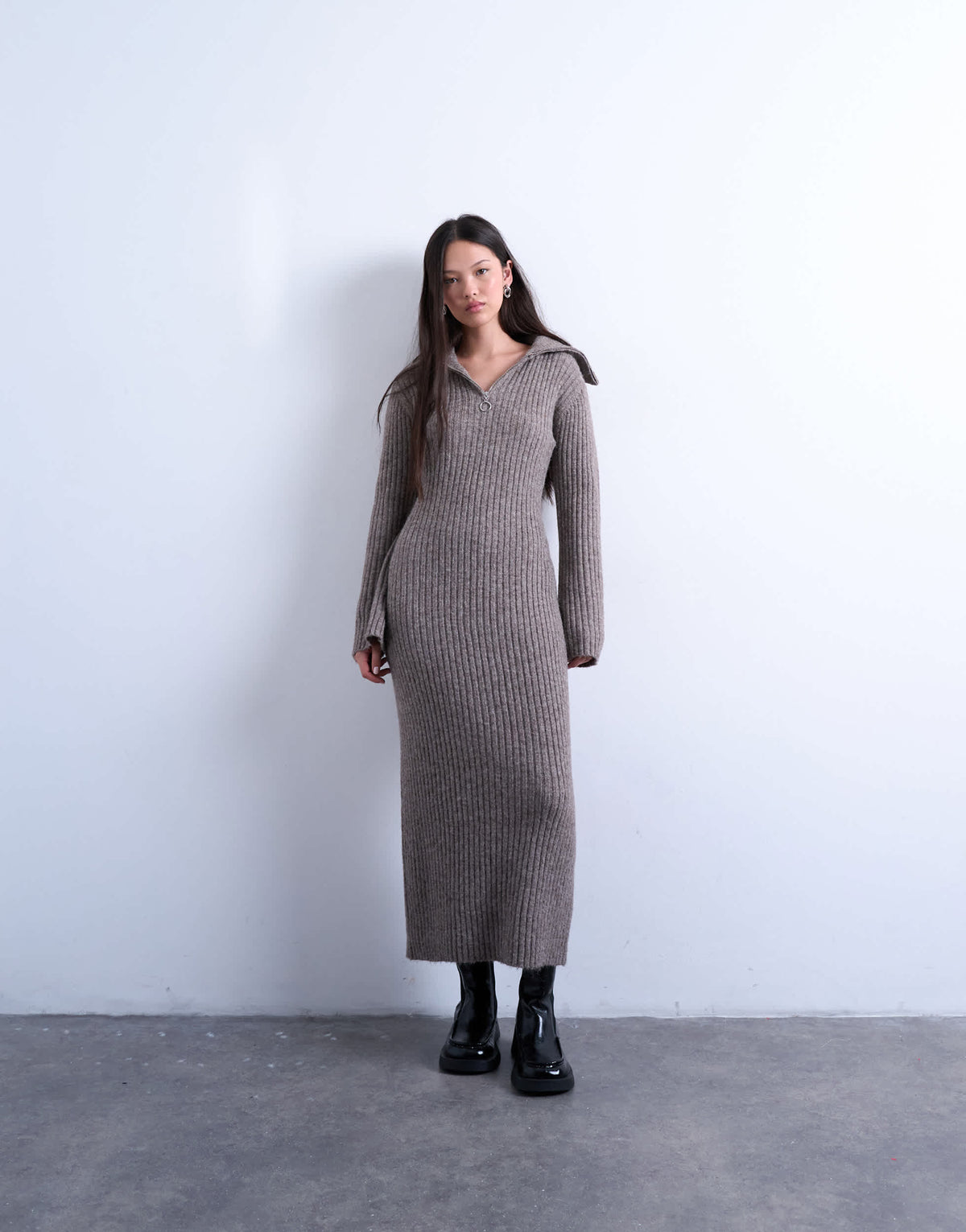 Topshop knitted ring zip midi dress in brown