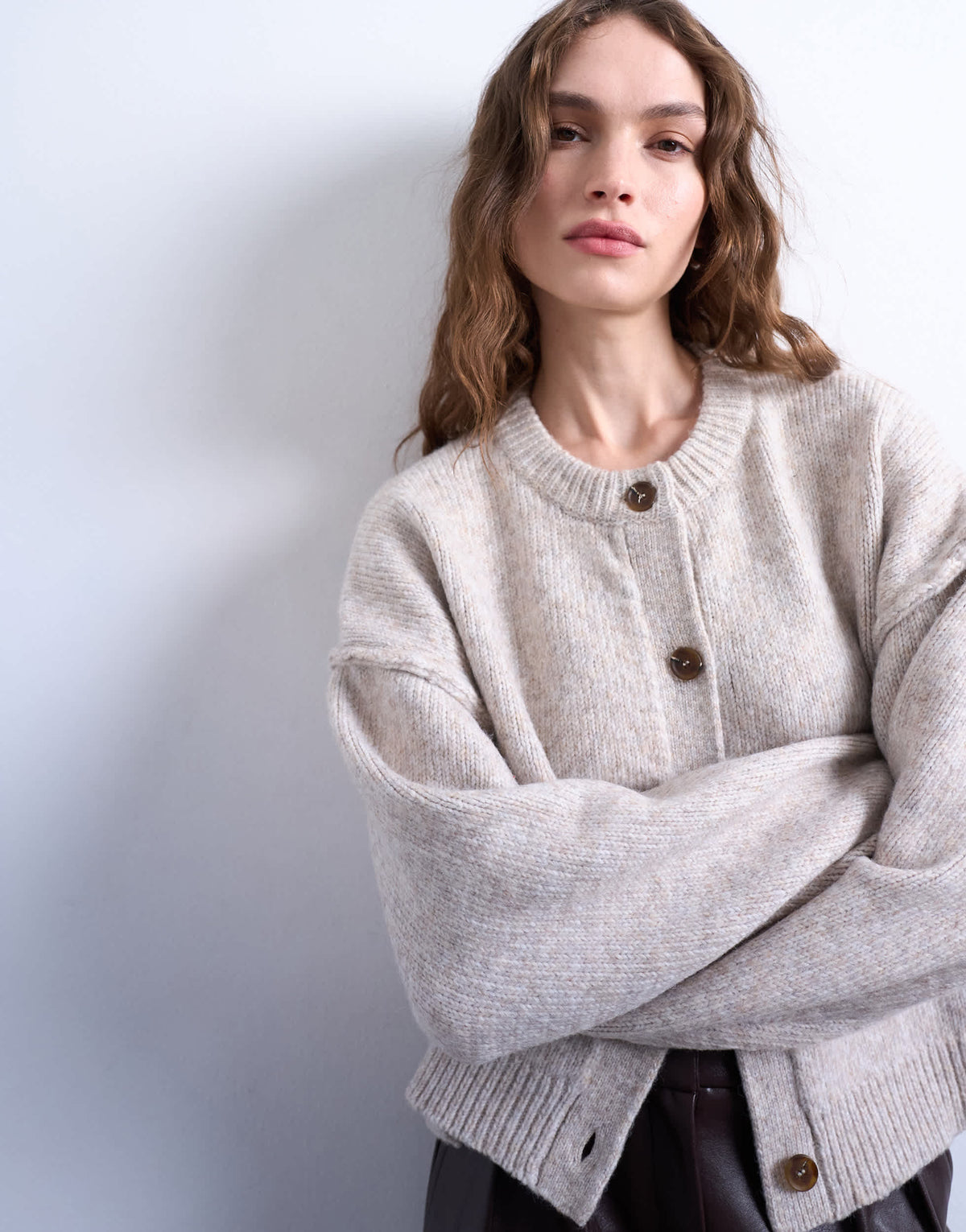 Topshop knitted exposed seam relaxed cardigan in oat