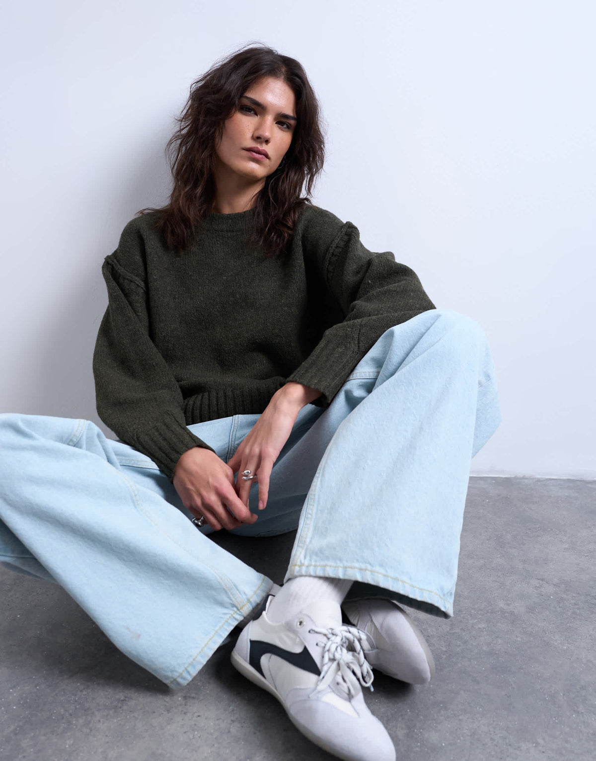 Topshop knitted clean exposed seam jumper in khaki