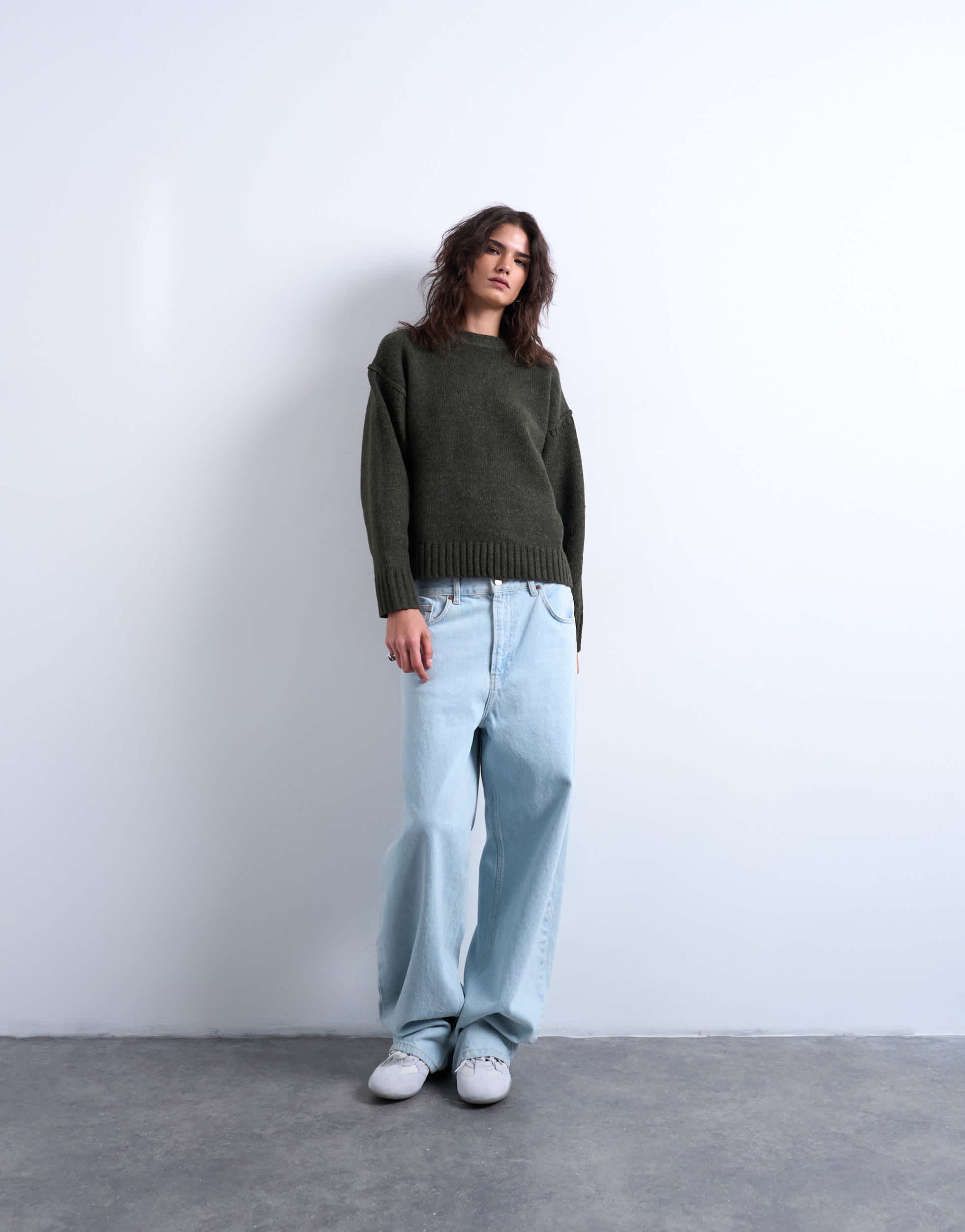 Topshop knitted clean exposed seam jumper in khaki