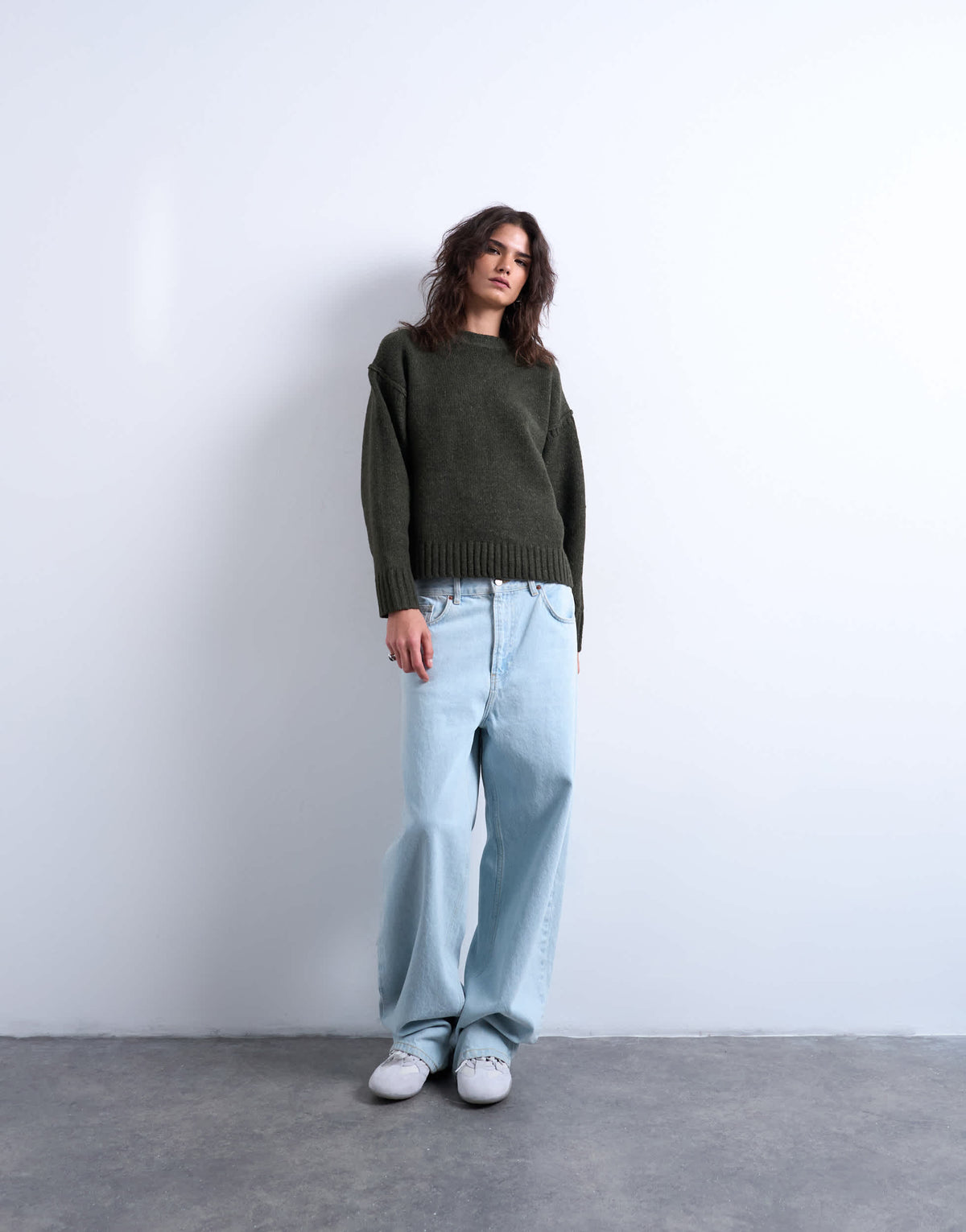 Topshop knitted clean exposed seam jumper in khaki