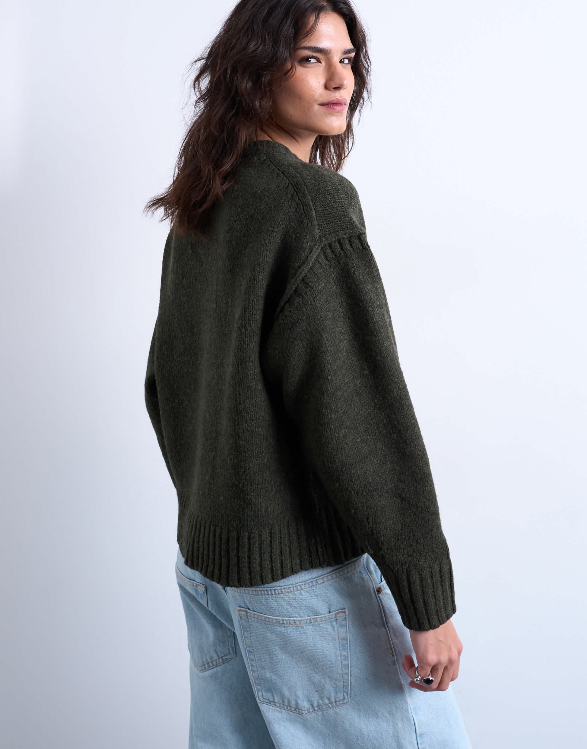 Topshop knitted clean exposed seam jumper in khaki