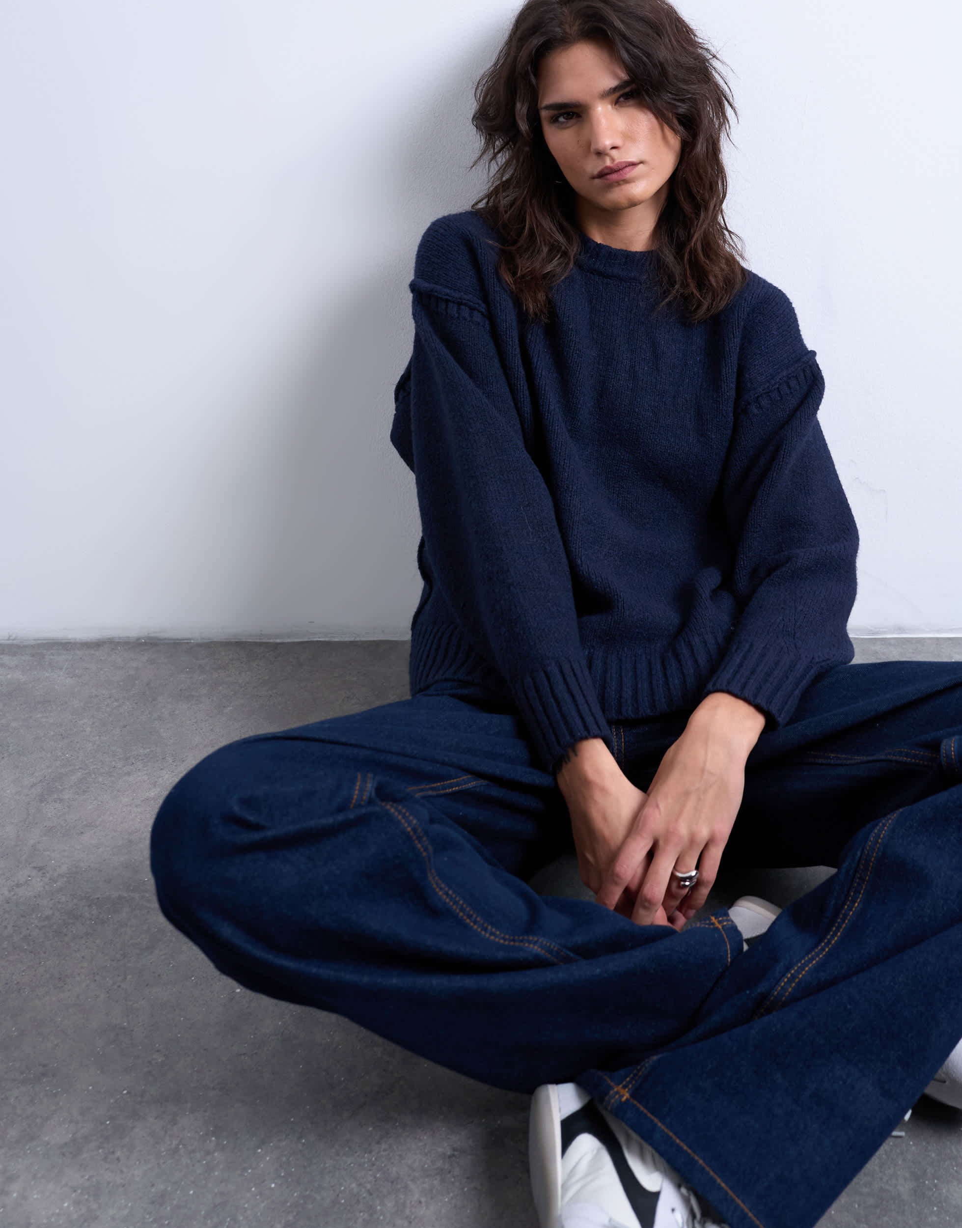 Topshop knitted clean exposed seam jumper in navy