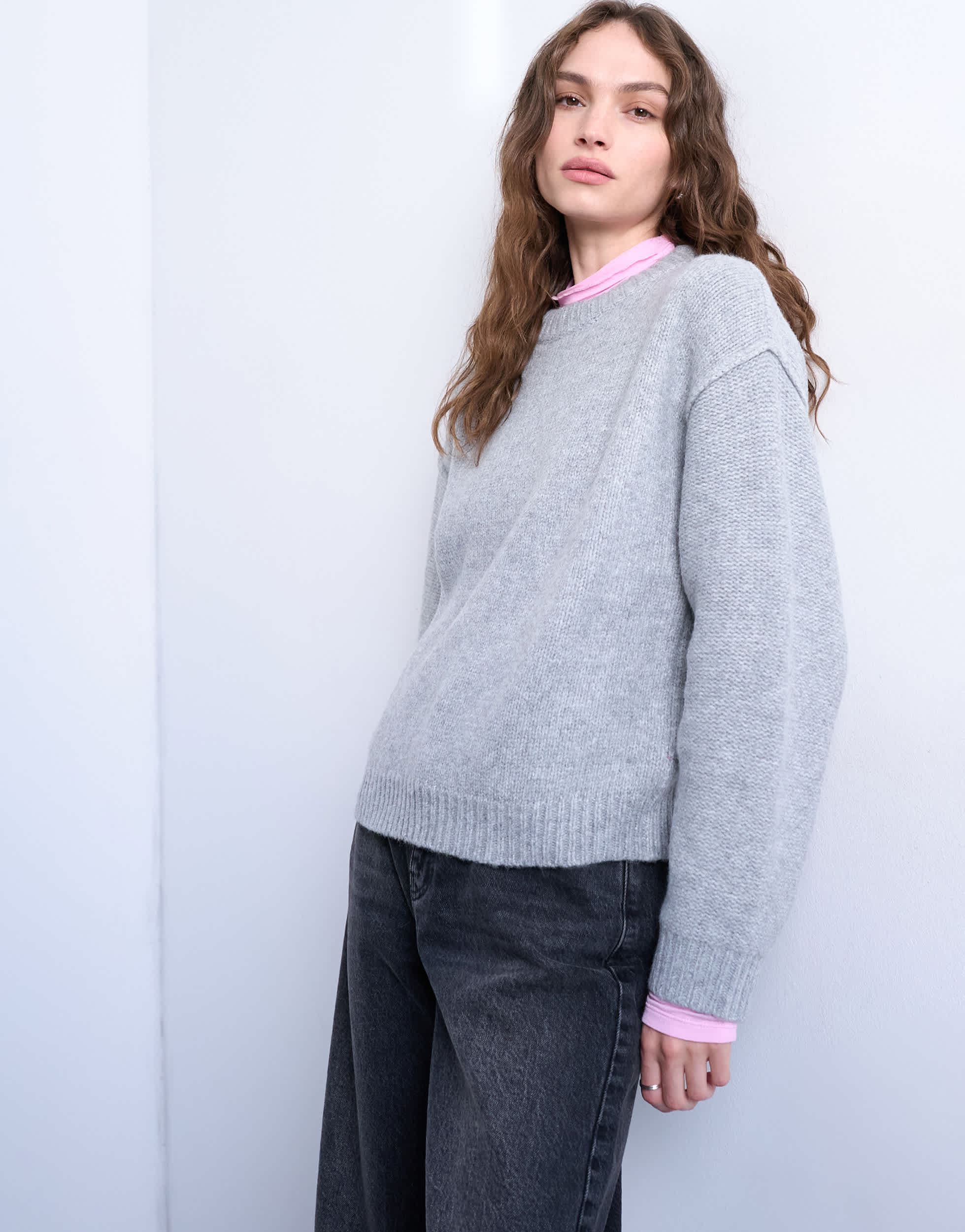 Topshop knitted boxy wide sleeve mid crew jumper in grey