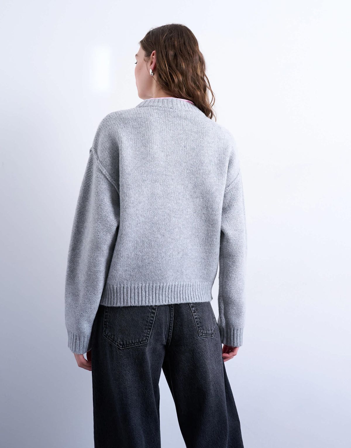 Topshop knitted boxy wide sleeve mid crew jumper in grey