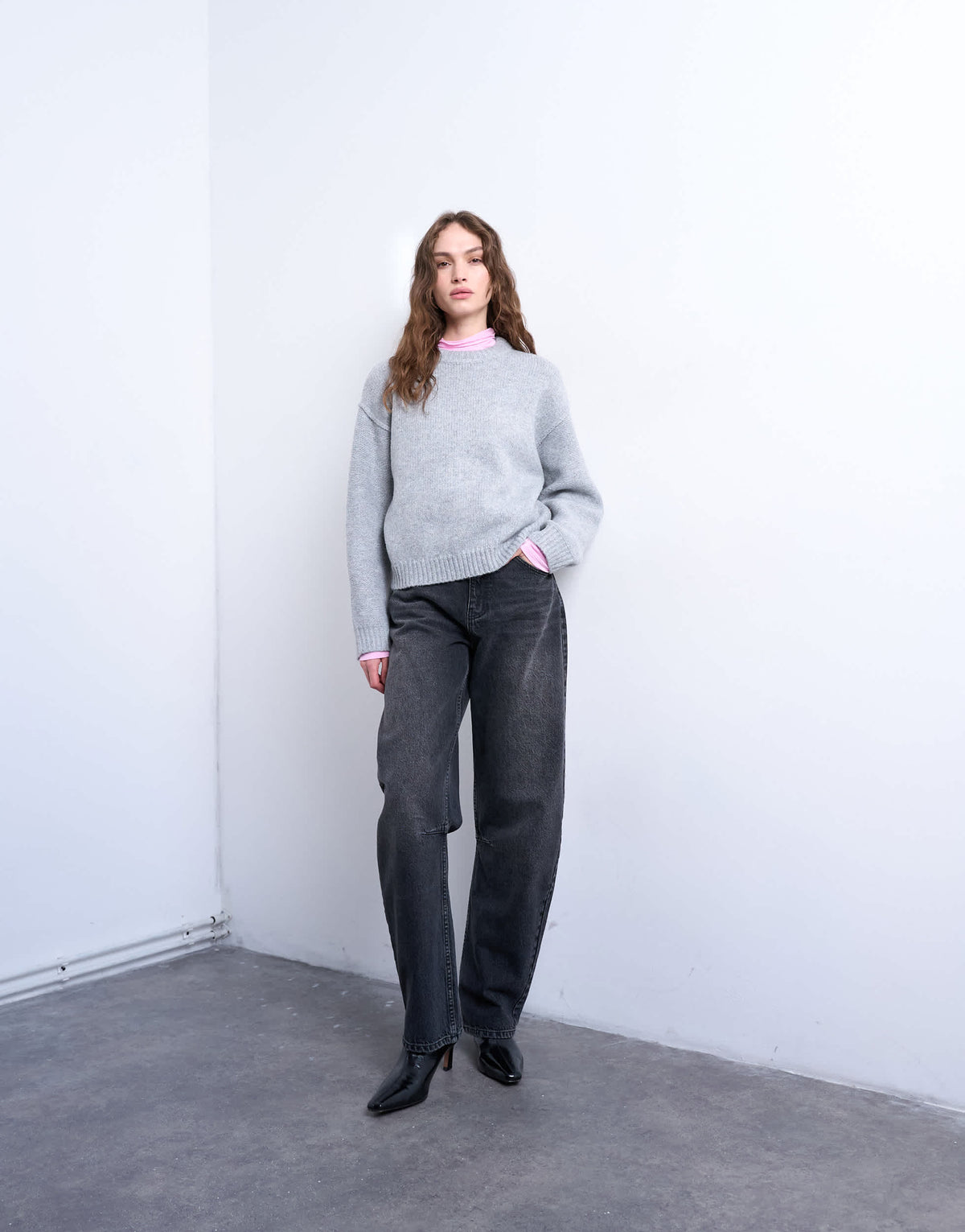 Topshop knitted boxy wide sleeve mid crew jumper in grey