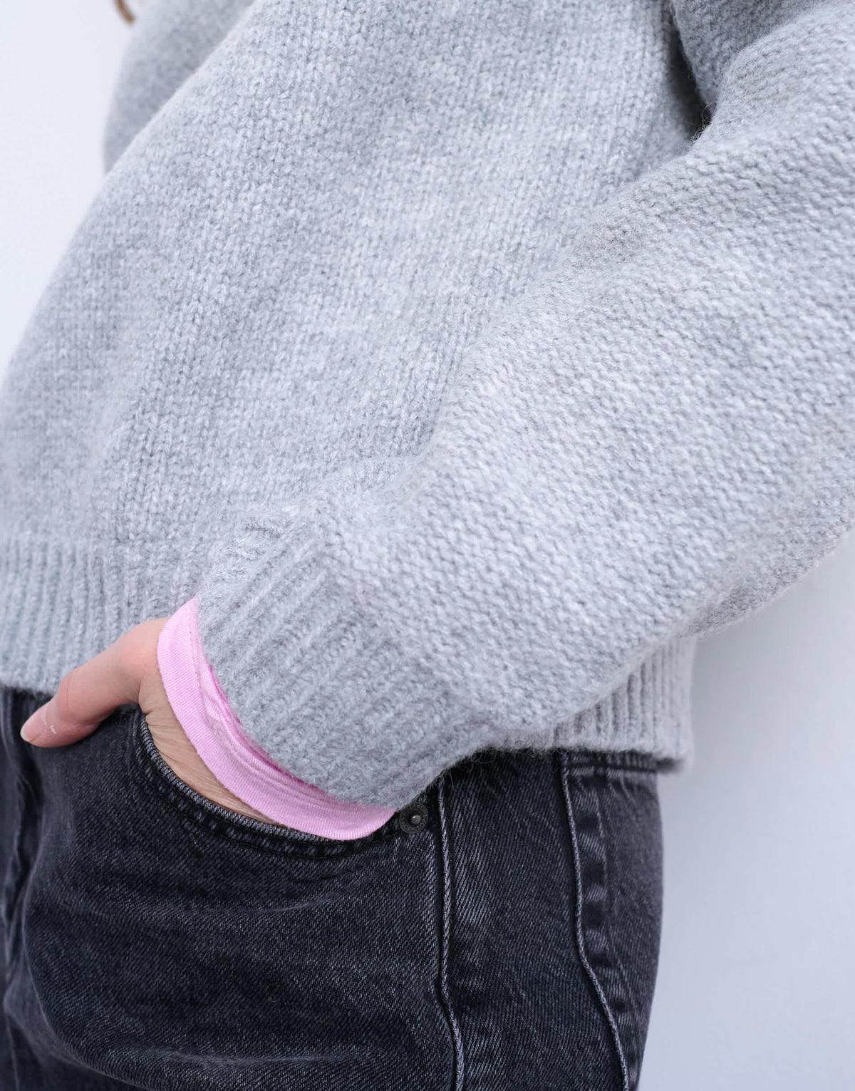 Topshop knitted boxy wide sleeve mid crew jumper in grey