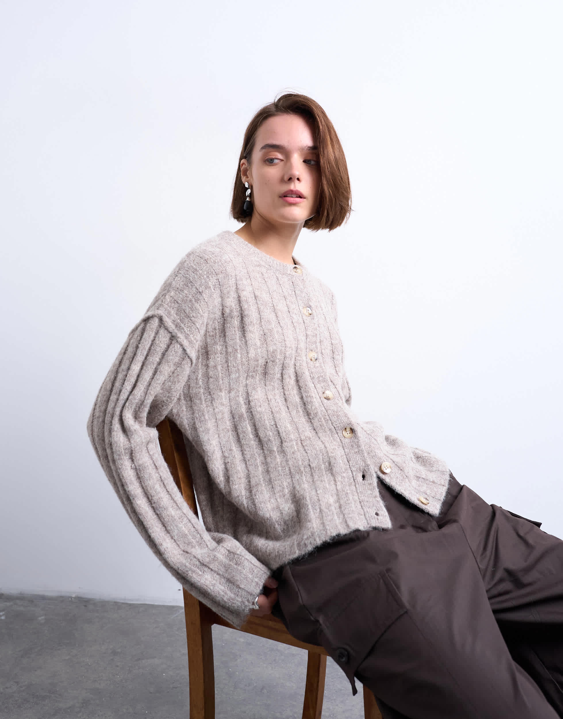 Topshop knitted wider rib cardigan in oat