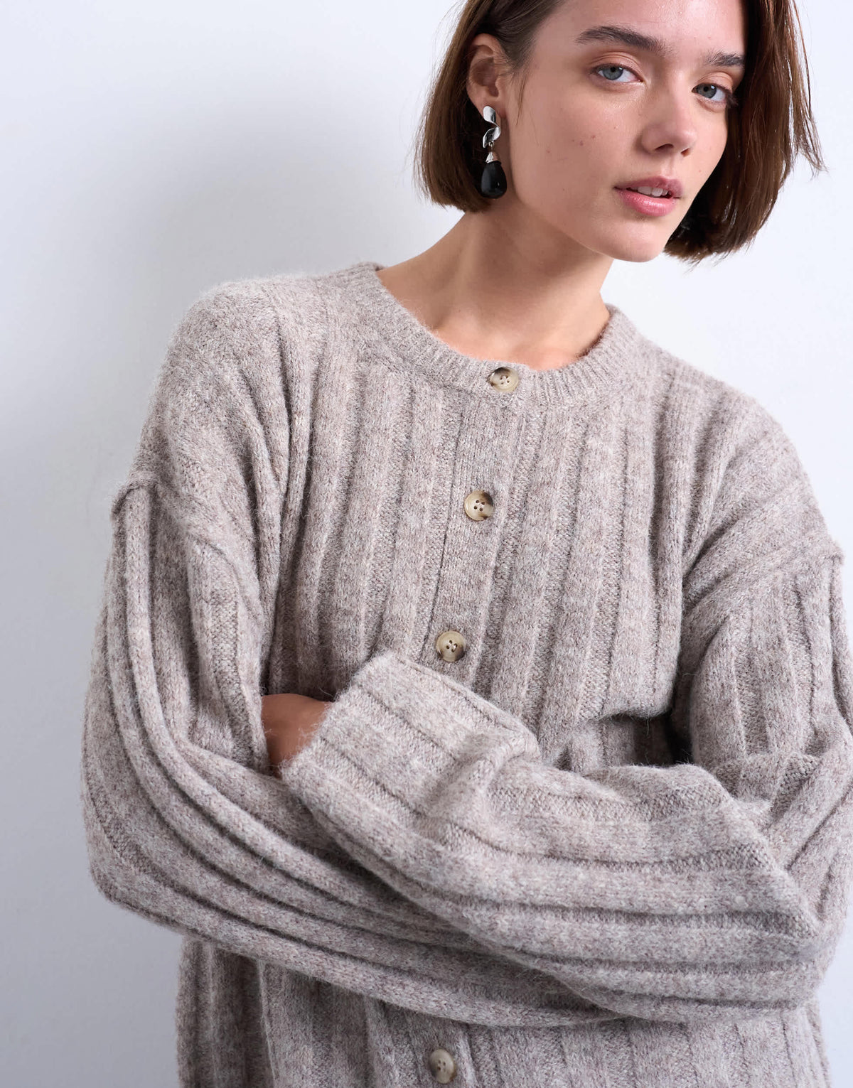 Topshop knitted wider rib cardigan in oat
