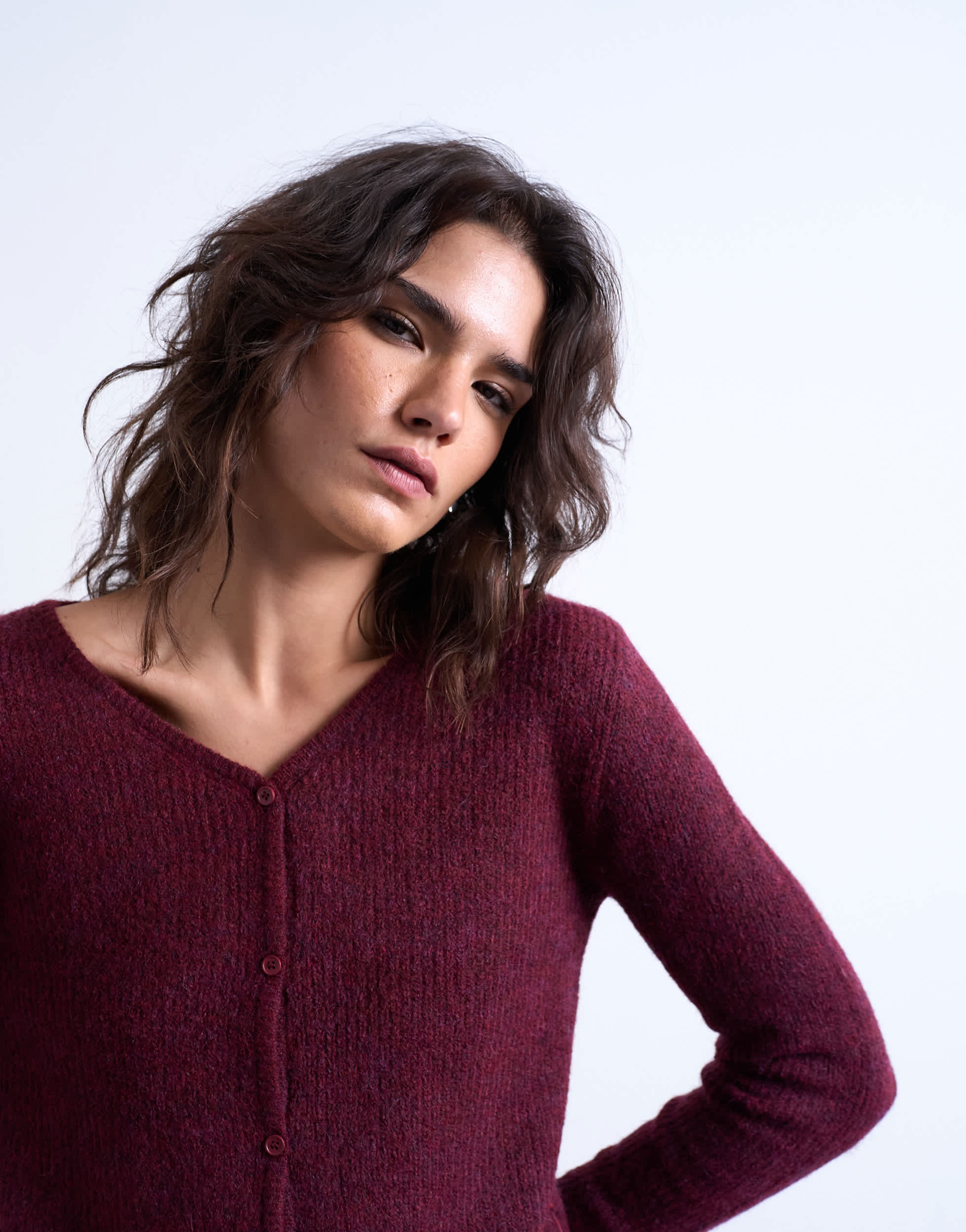 Topshop Strickjacke mit V-Ausschnitt und Rippstrick in Burgunderrot