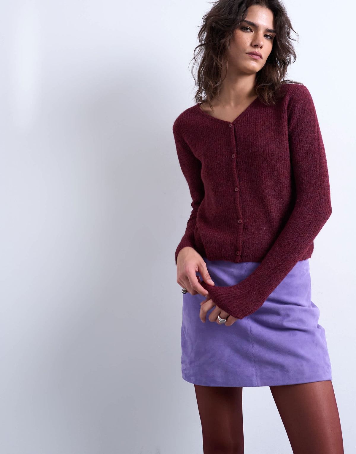 Topshop knitted v-neck ribbed cardigan in burgundy