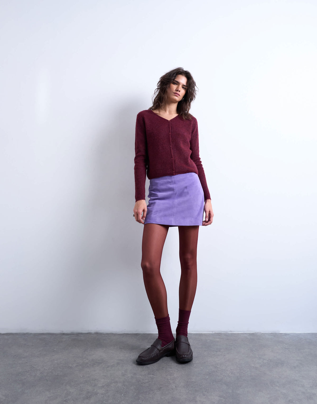 Topshop knitted v-neck ribbed cardigan in burgundy