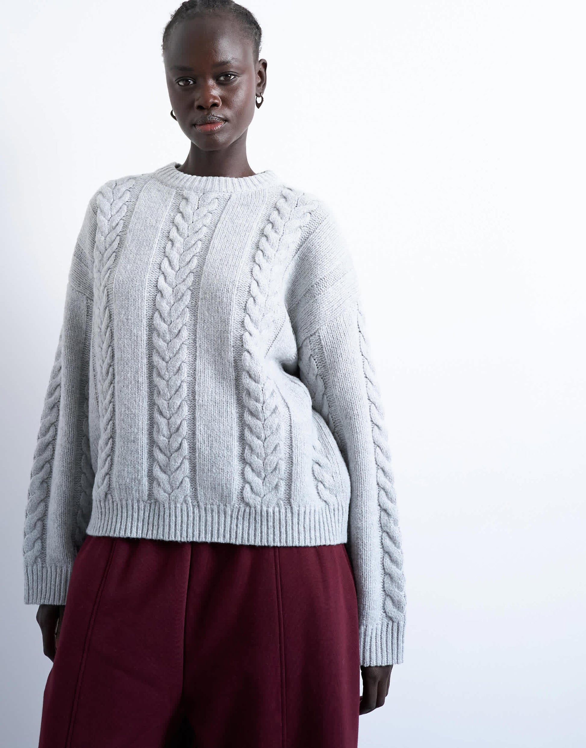 Topshop knitted oversized cable and wide rib jumper in grey