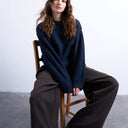 Topshop knitted boxy wide sleeve mid crew jumper in Navy