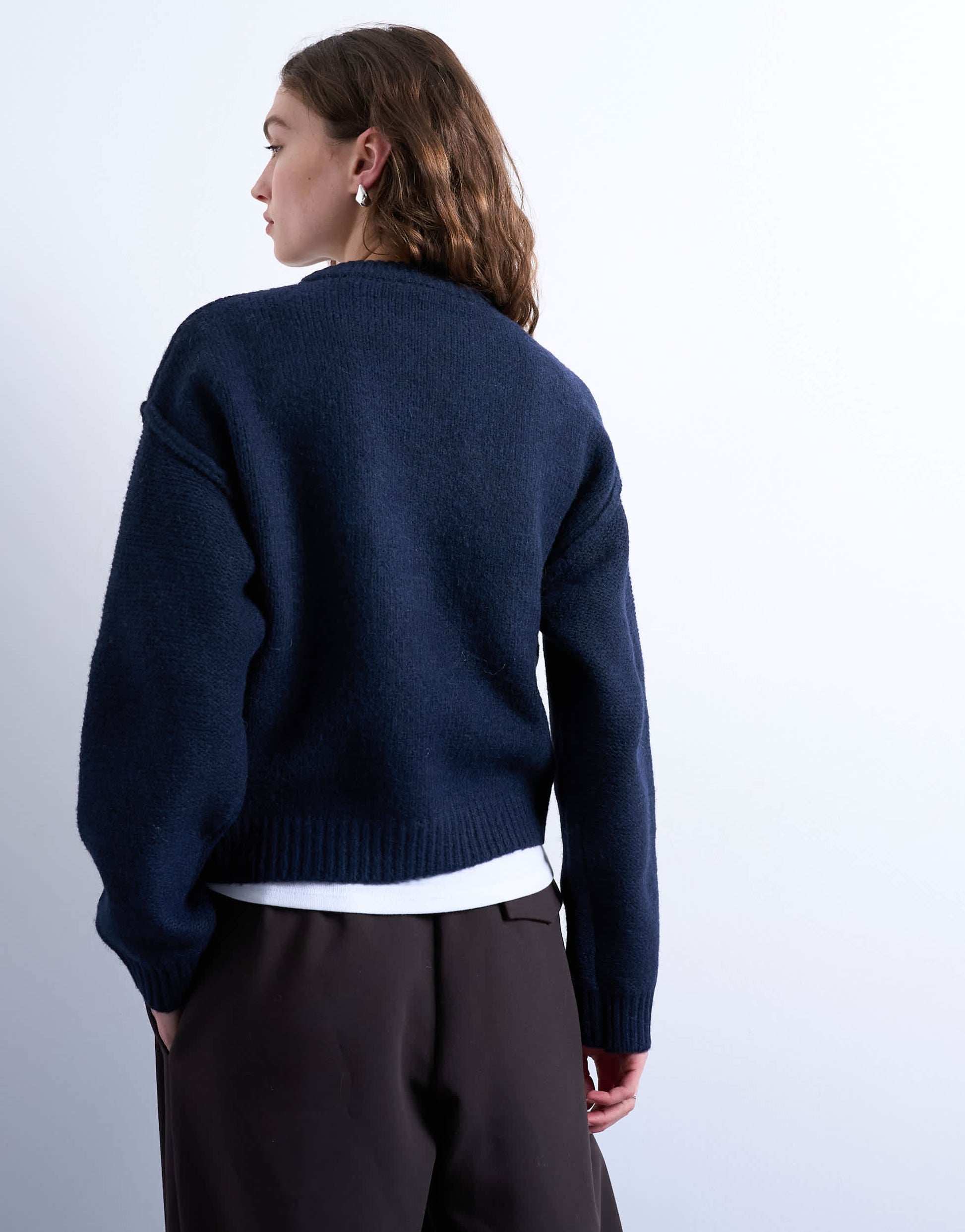 Topshop knitted boxy wide sleeve mid crew jumper in Navy