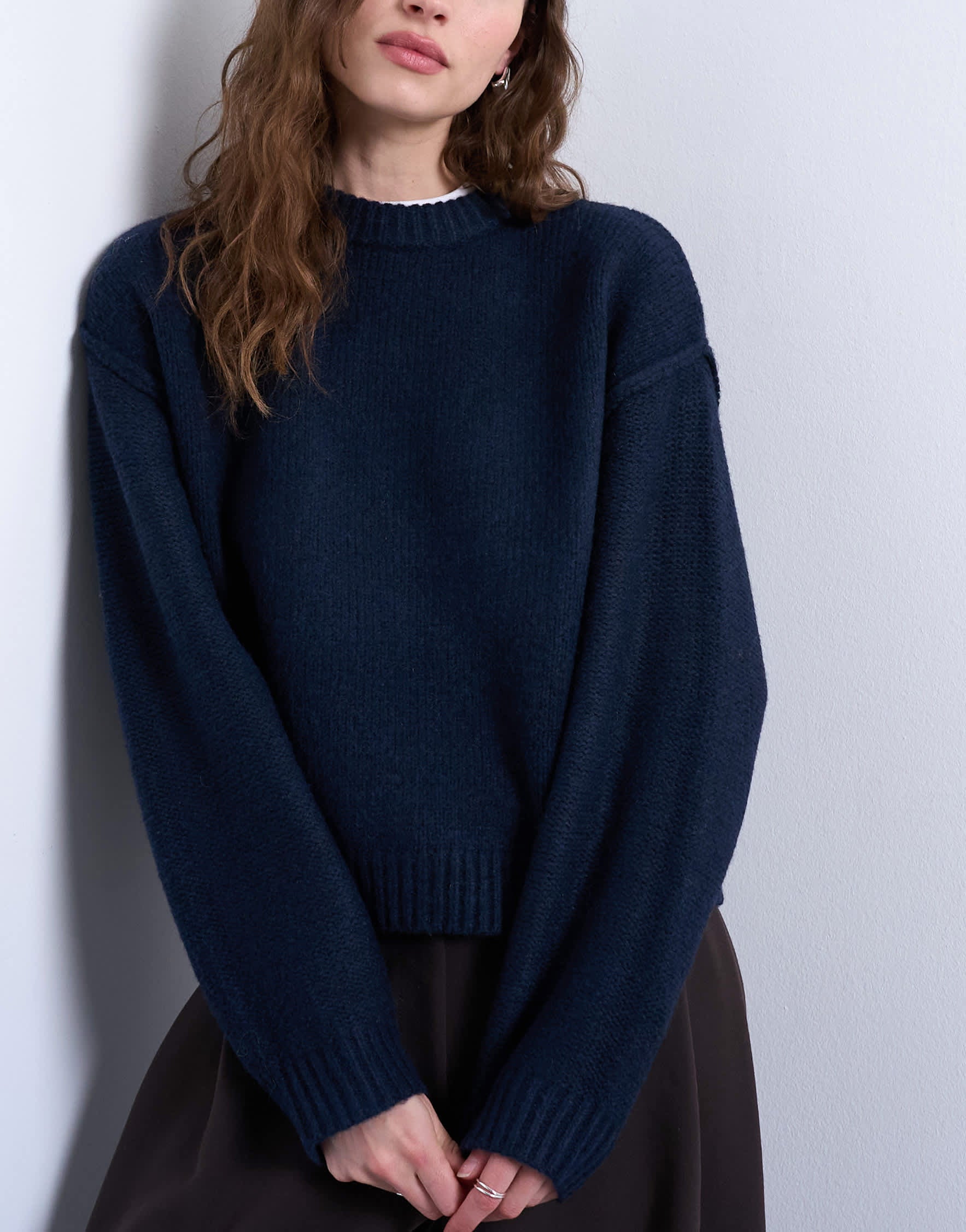 Topshop knitted boxy wide sleeve mid crew jumper in Navy