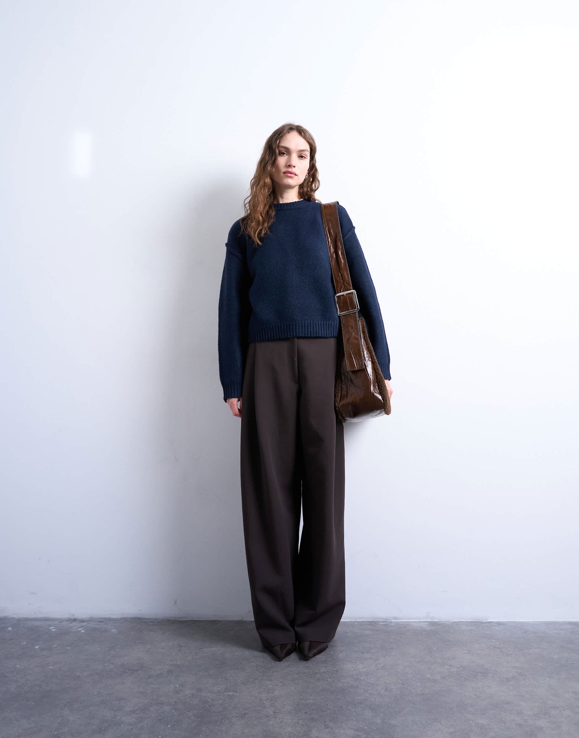 Topshop knitted boxy wide sleeve mid crew jumper in Navy