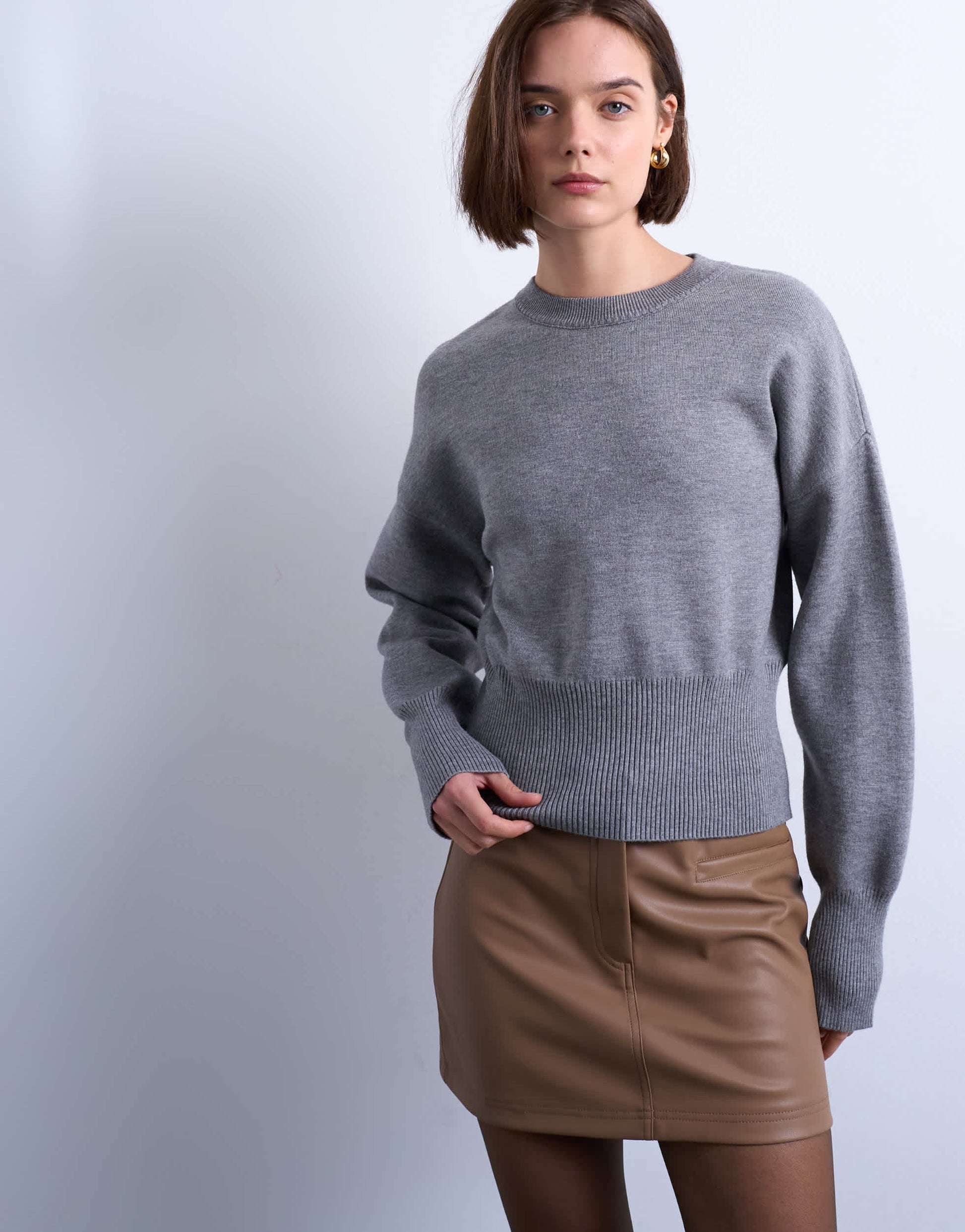 Topshop knitted clean cinch waist jumper in grey