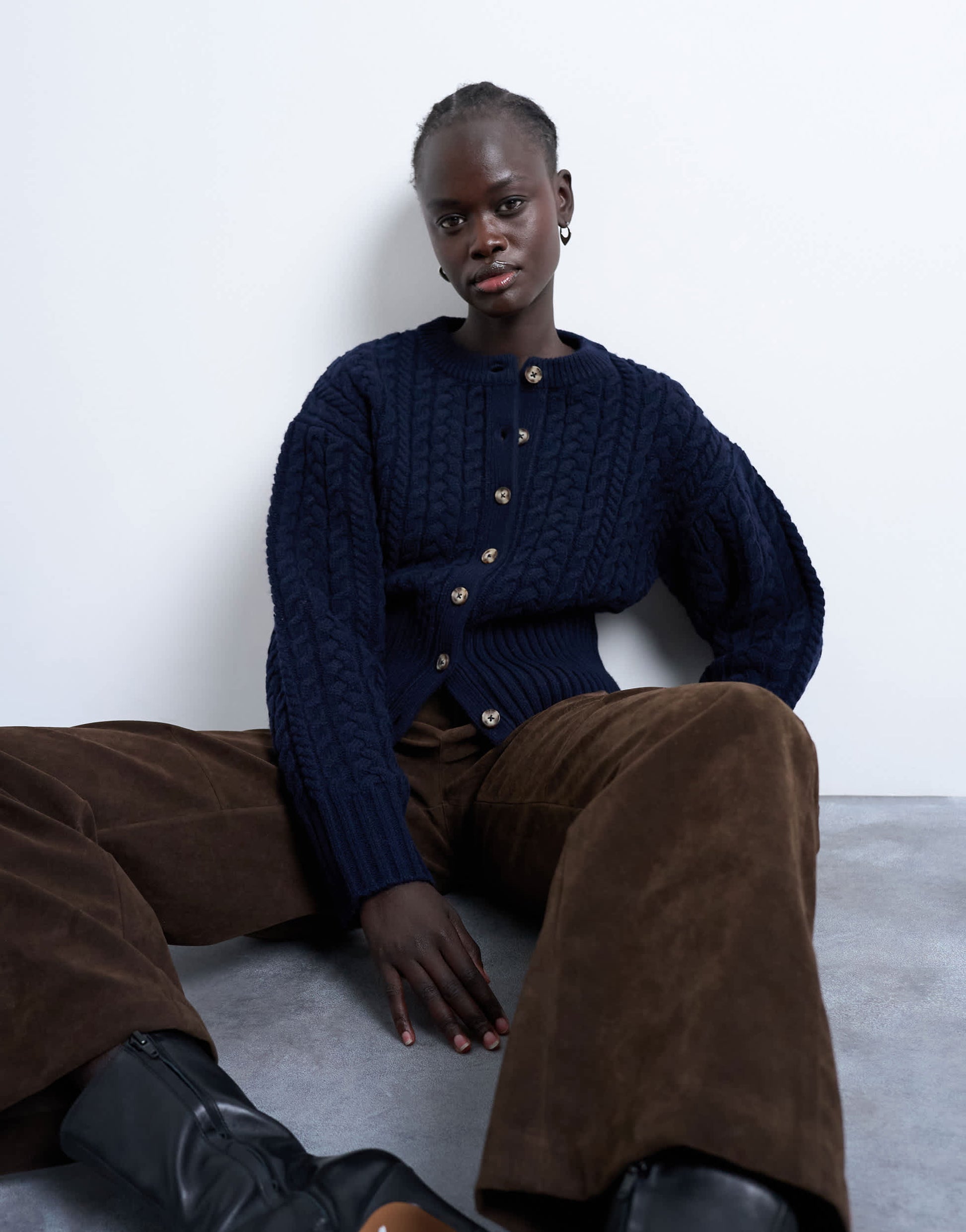 Topshop knitted cable fitted waist cardigan in navy