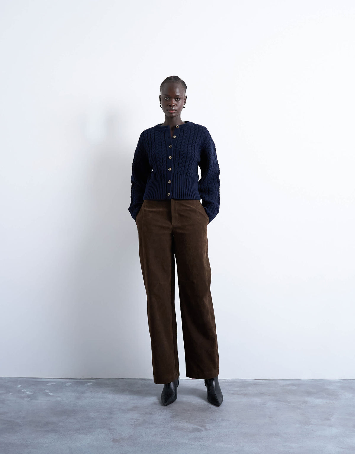 Topshop knitted cable fitted waist cardigan in navy