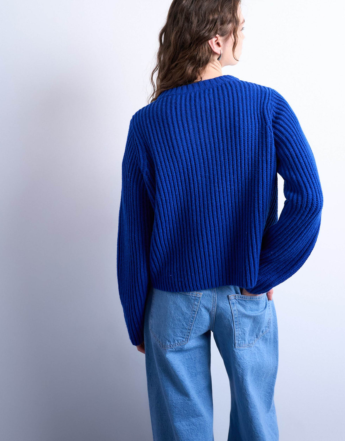 Topshop knitted ribbed crew relaxed button cardigan in blue