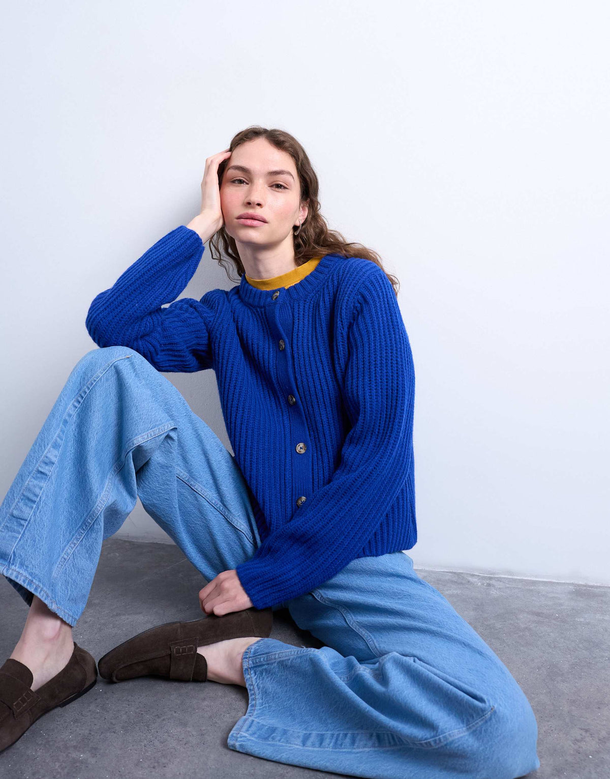 Topshop knitted ribbed crew relaxed button cardigan in blue