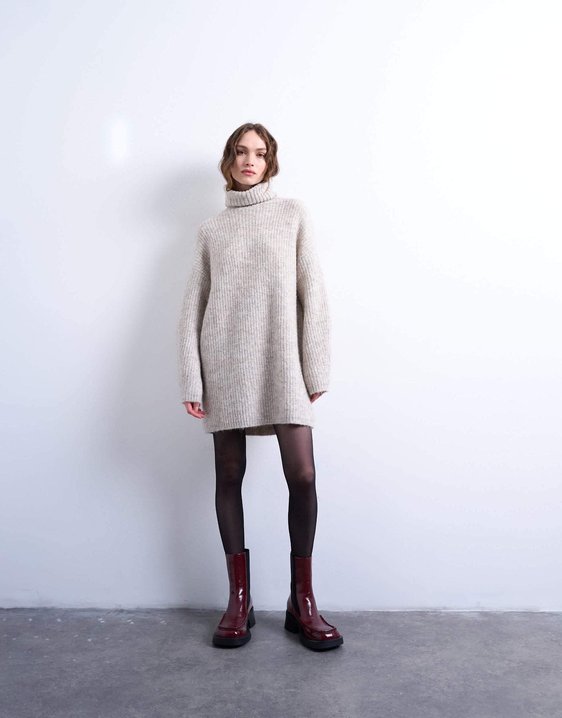 Topshop knitted roll neck mini dress in oat
