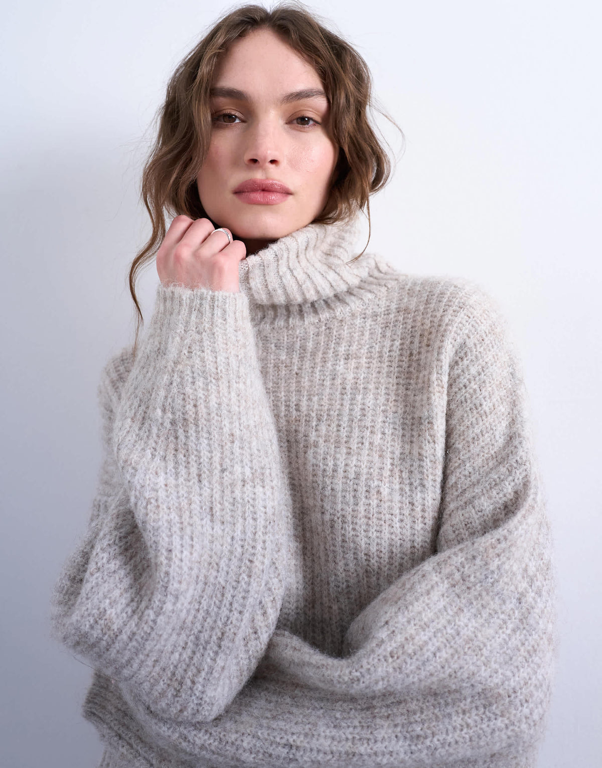 Topshop knitted roll neck mini dress in oat